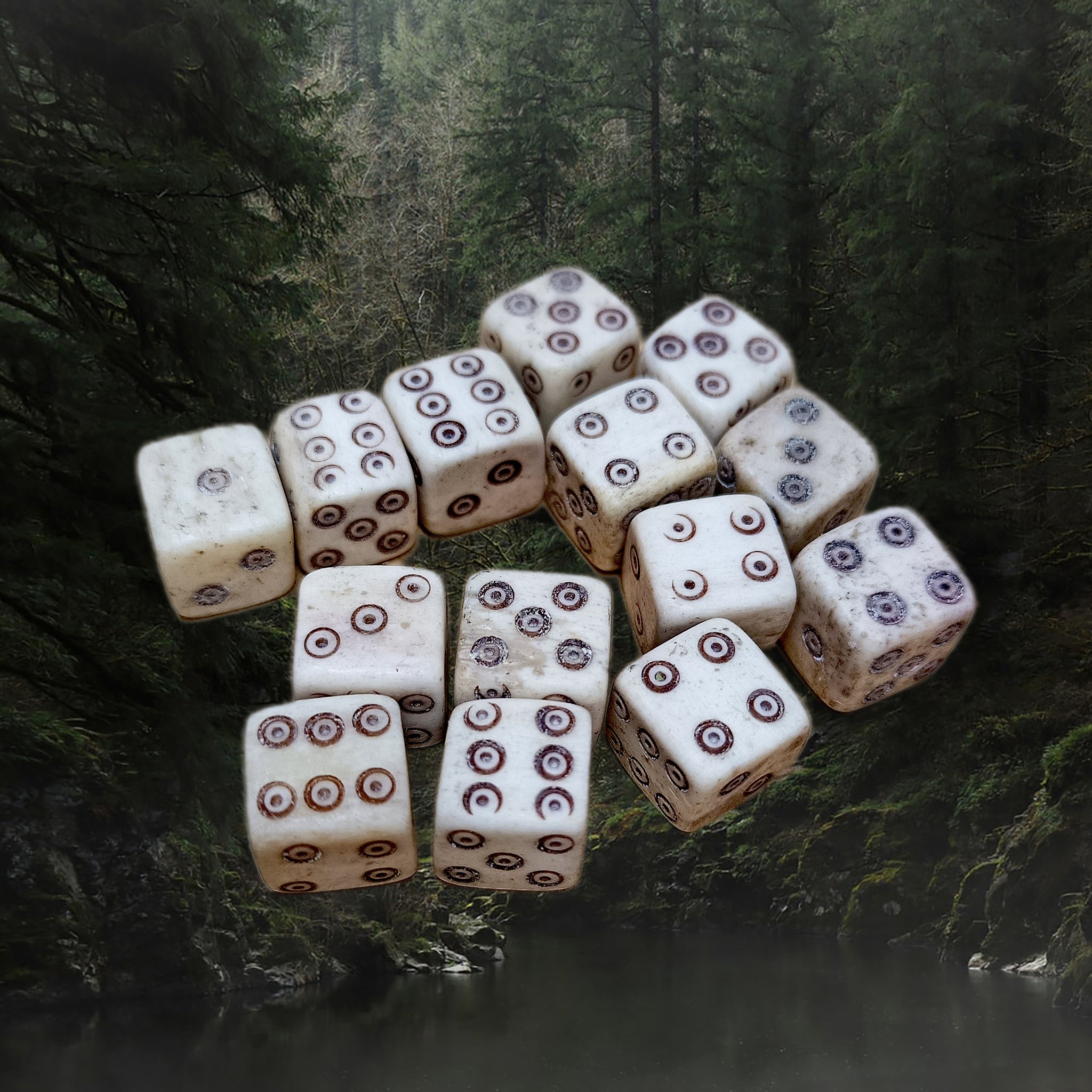 Small Bone Viking Dice with Dot and Ring Marks x 10