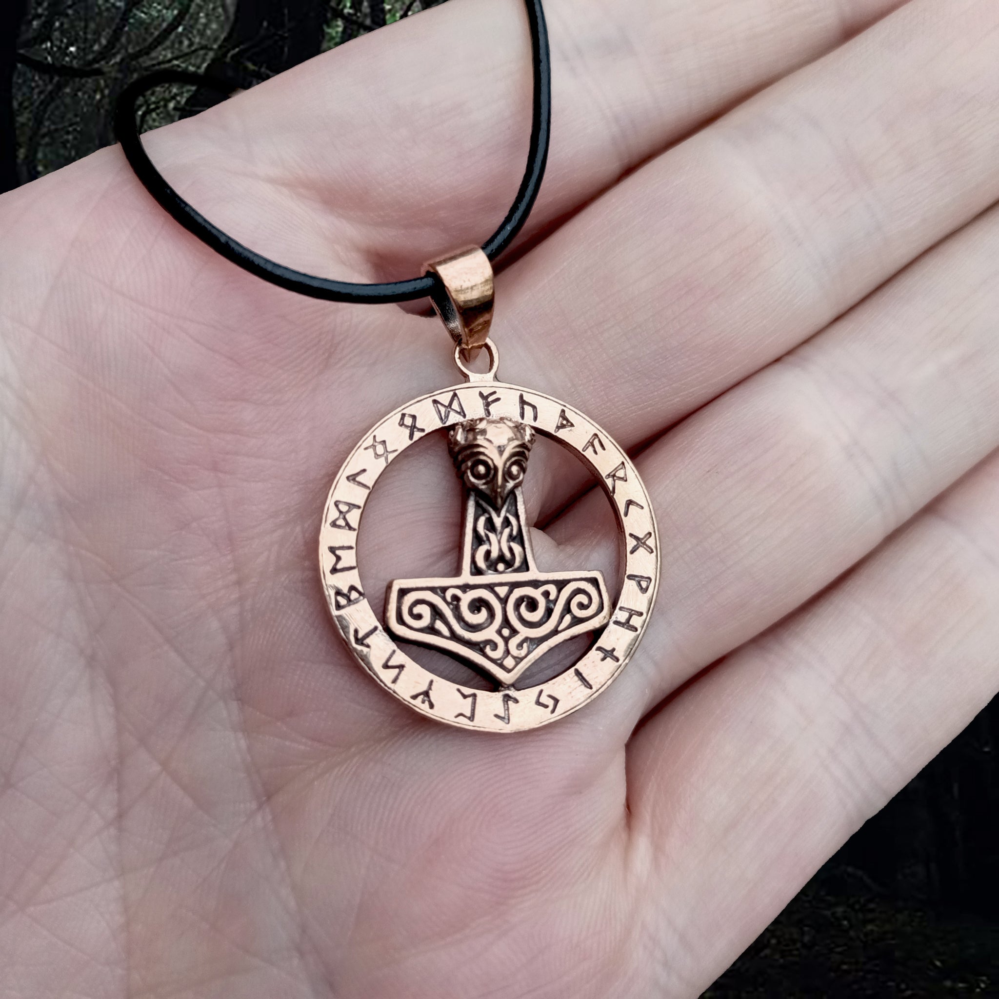 Round Bronze Runic Thors Hammer Viking Pendant on Hand - Viking Jewelry