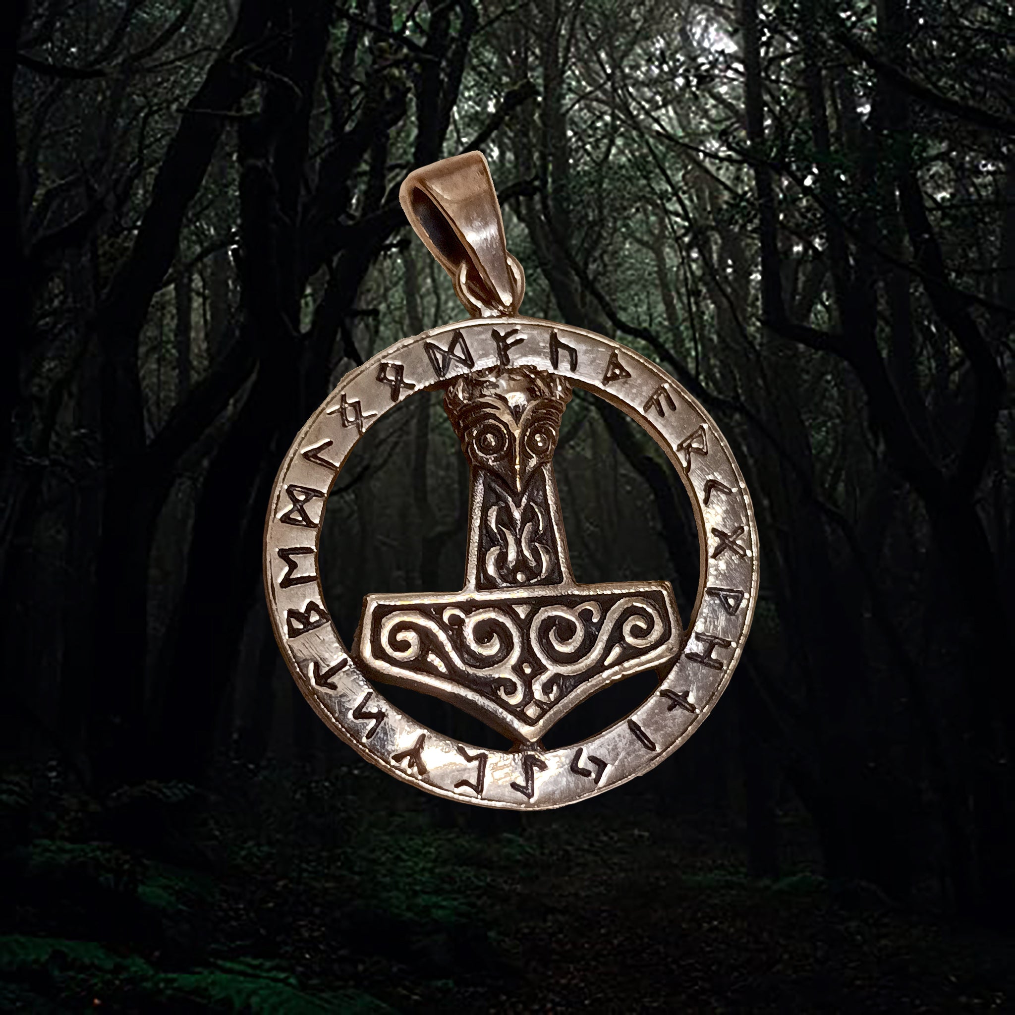 Round Bronze Runic Thors Hammer Viking Pendant - Viking Jewelry