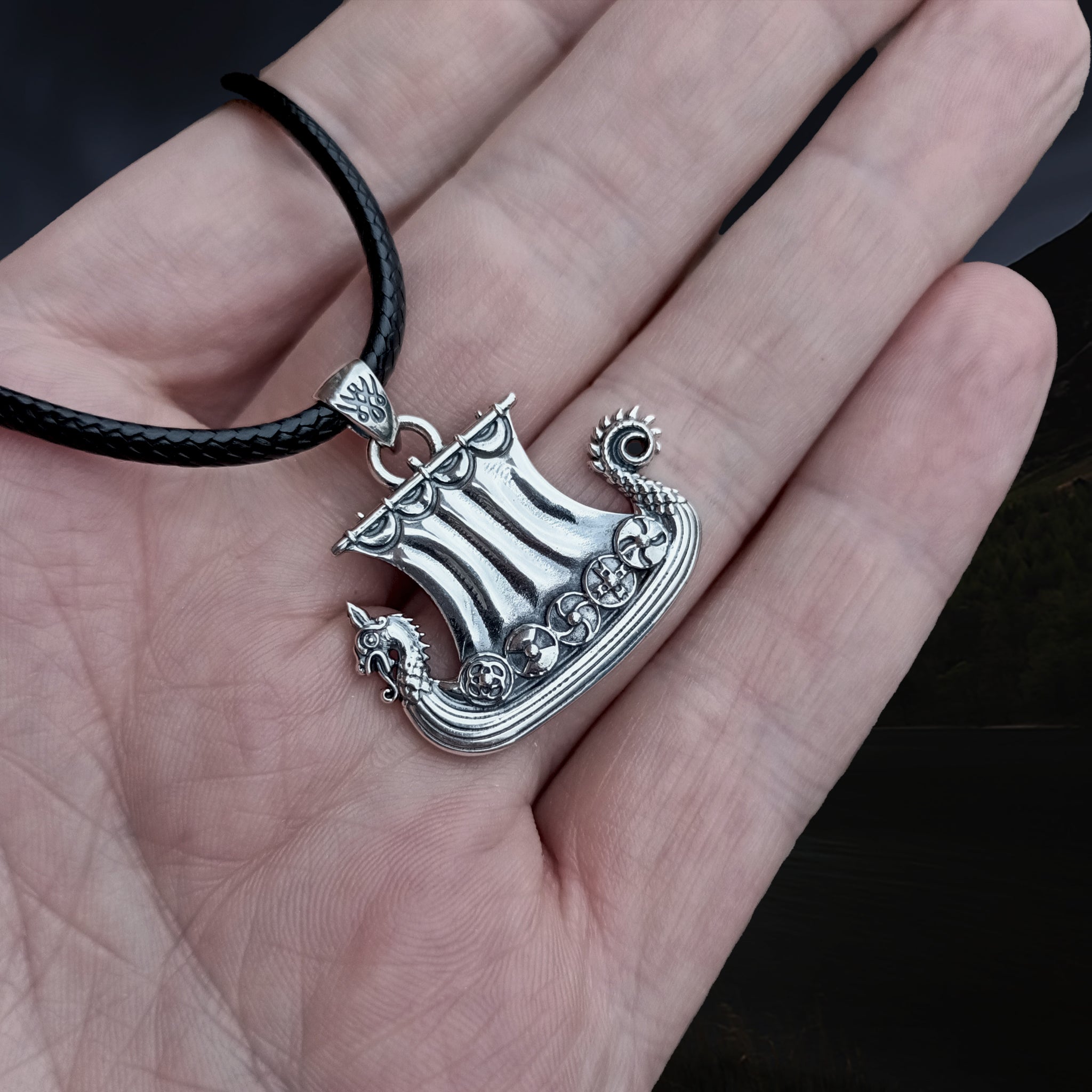 Silver Drakkar Viking Ship Pendant on Hand - Anlge View - Viking Jewelry