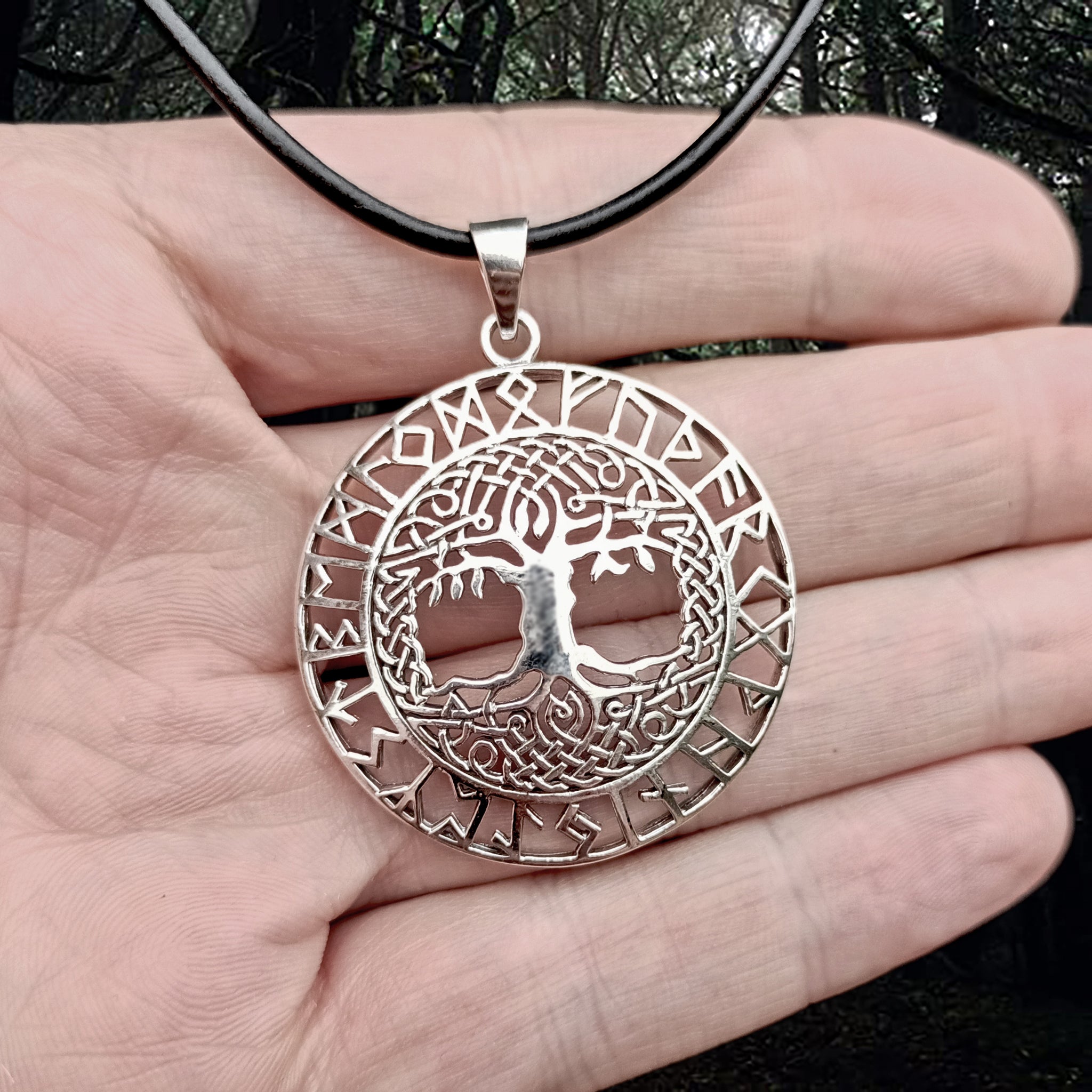 Large Silver Yggdrasil Runic Viking Pendant on Hand - Viking Jewelry