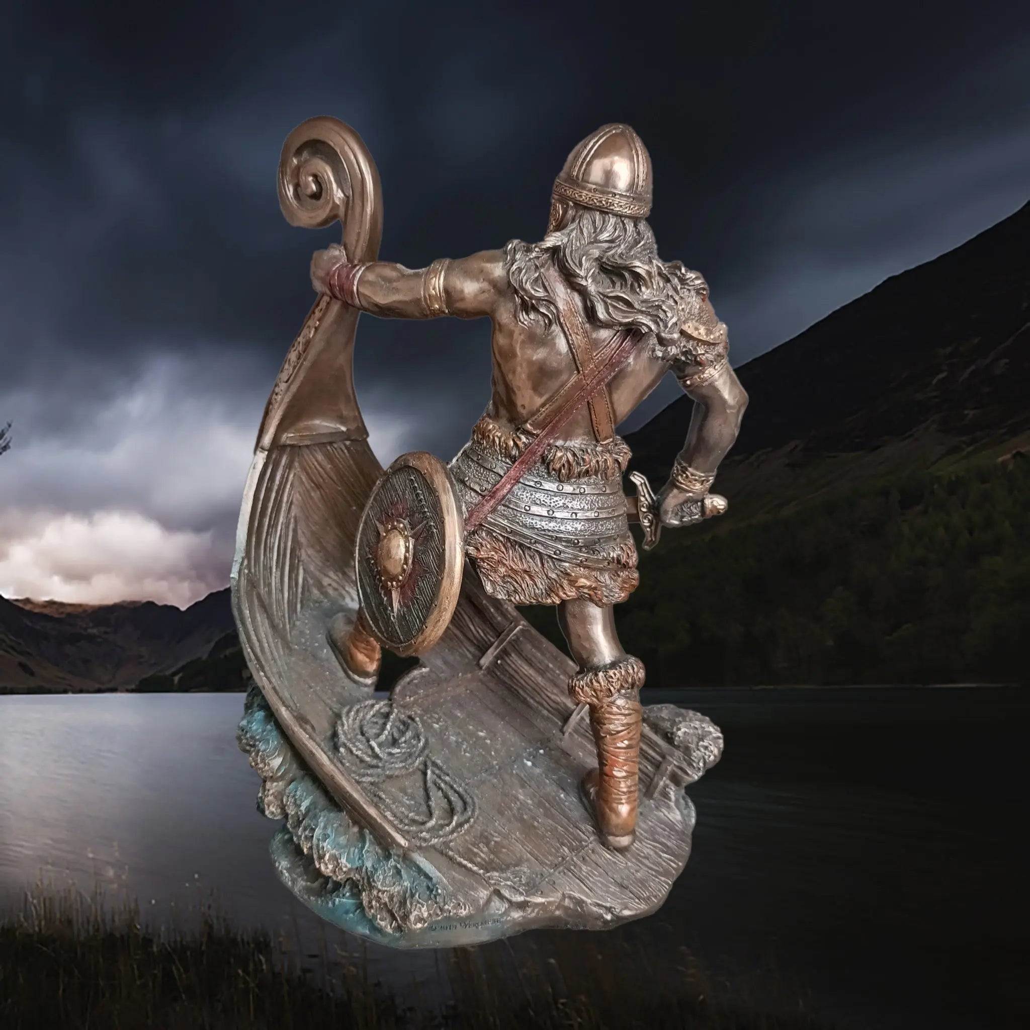 Hand-Painted Large Statue of a Norse Warrior Leader in Solid Resin, with Sword, Shield & Ship - Back Angle View