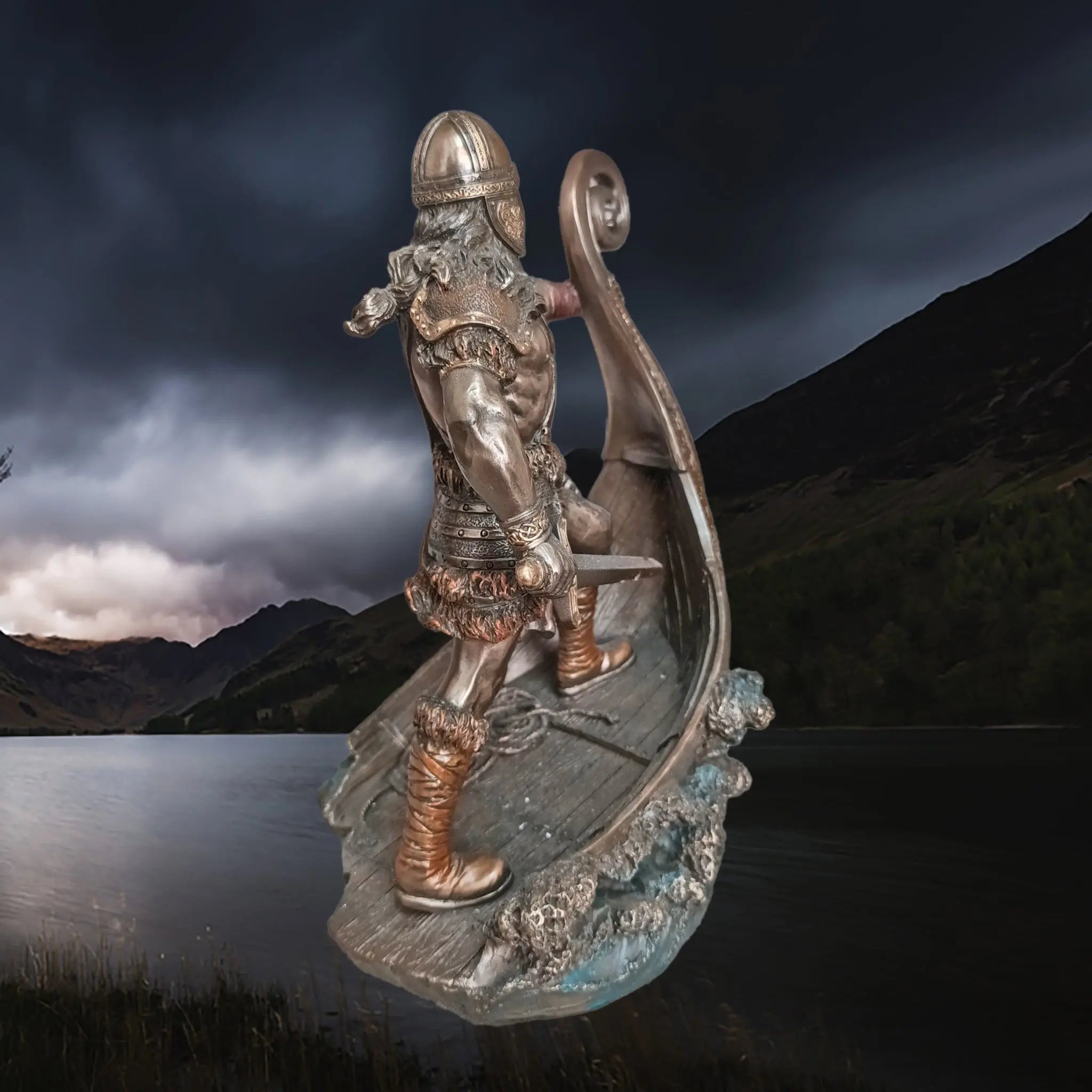Hand-Painted Large Statue of a Norse Warrior Leader in Solid Resin, with Sword, Shield & Ship - Back Right Angle View