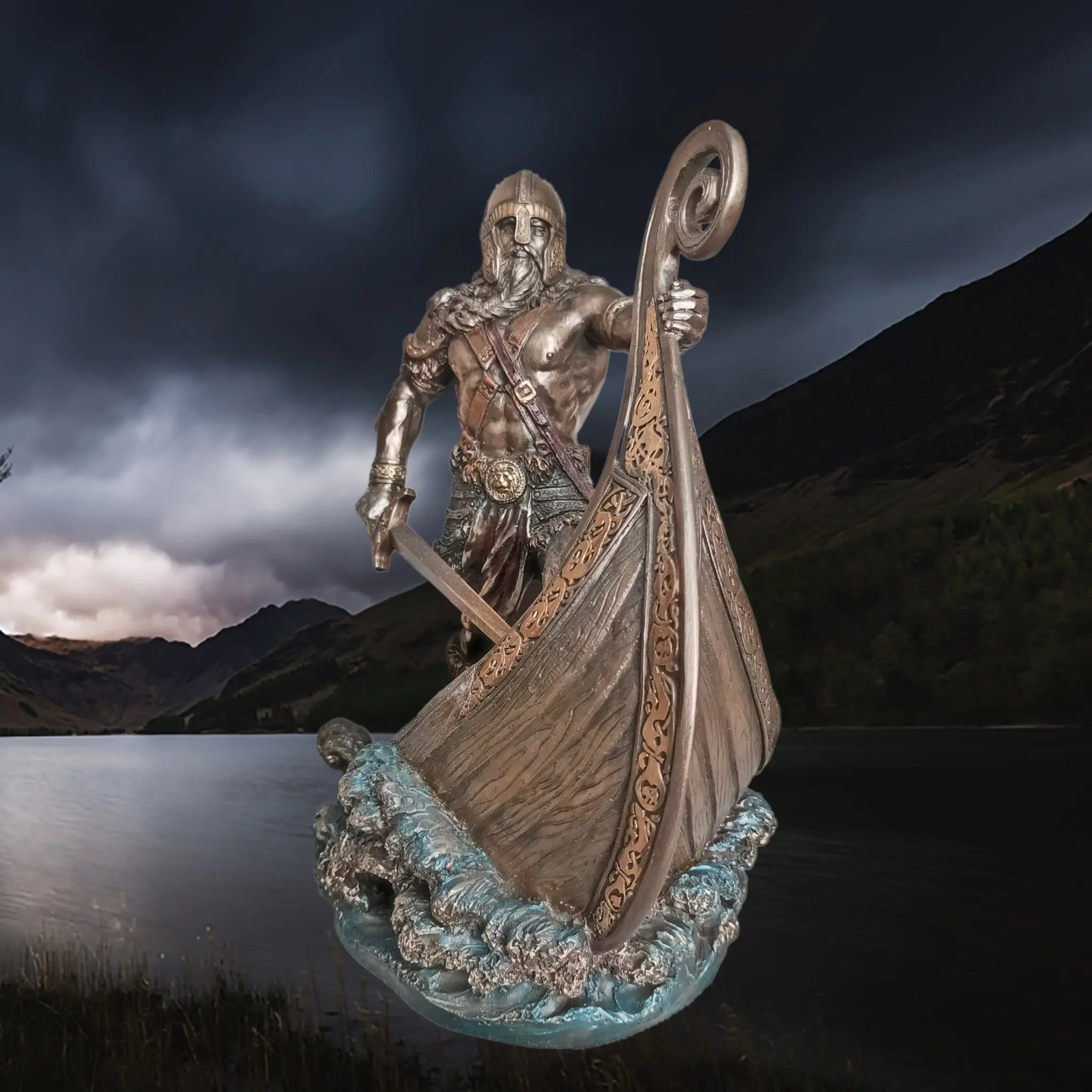 Hand-Painted Large Statue of a Norse Warrior Leader in Solid Resin, with Sword, Shield & Ship - Front View