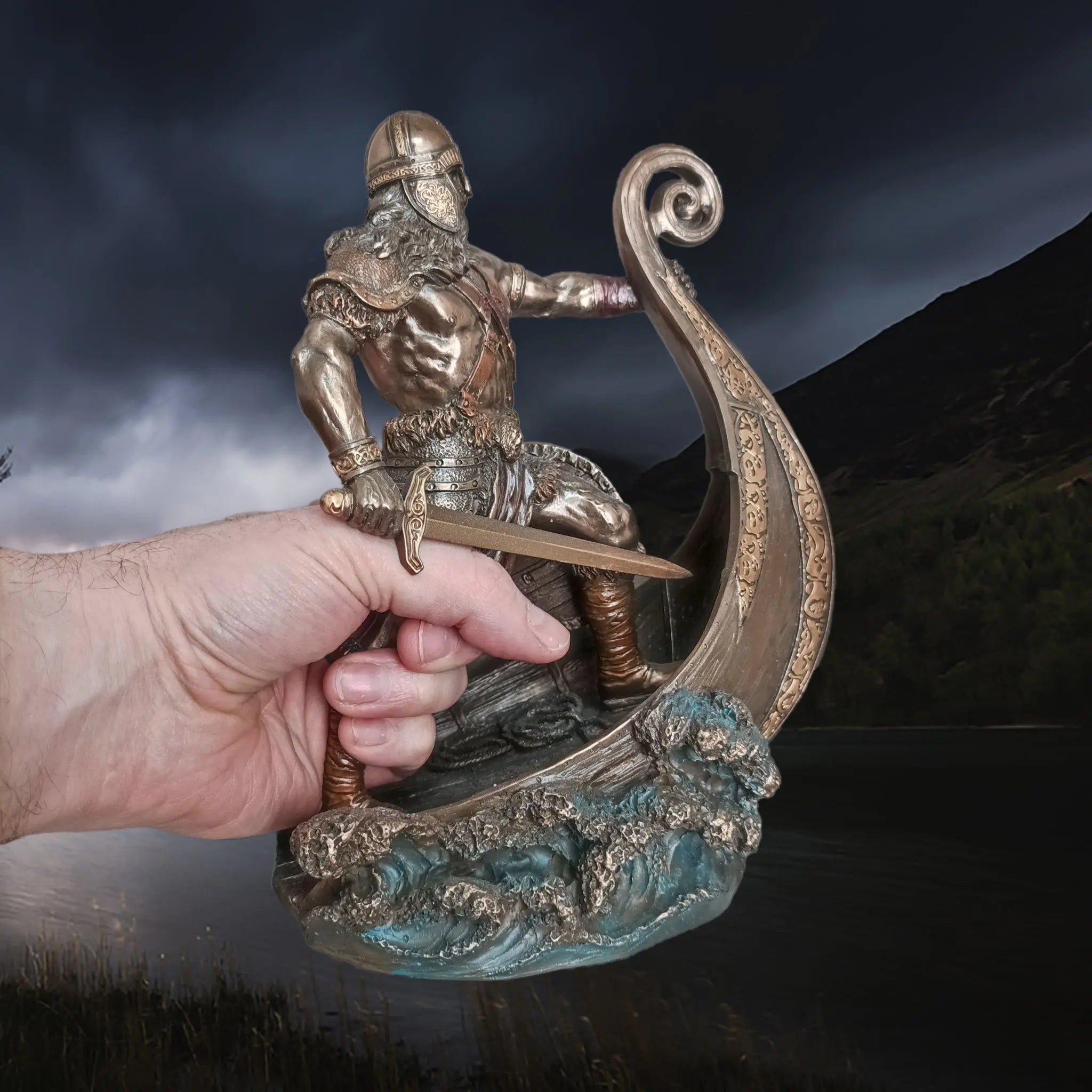 Hand-Painted Large Statue of a Norse Warrior Leader in Solid Resin, with Sword, Shield & Ship in Right Hand for Scale