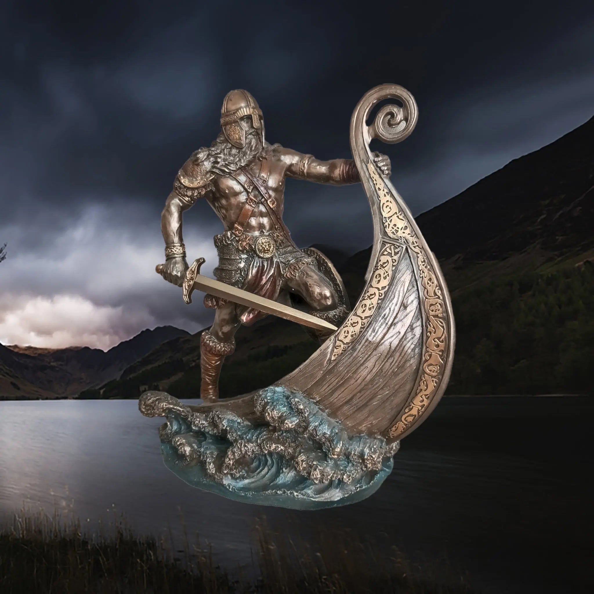 Hand-Painted Large Statue of a Norse Warrior Leader in Solid Resin, with Sword, Shield & Ship