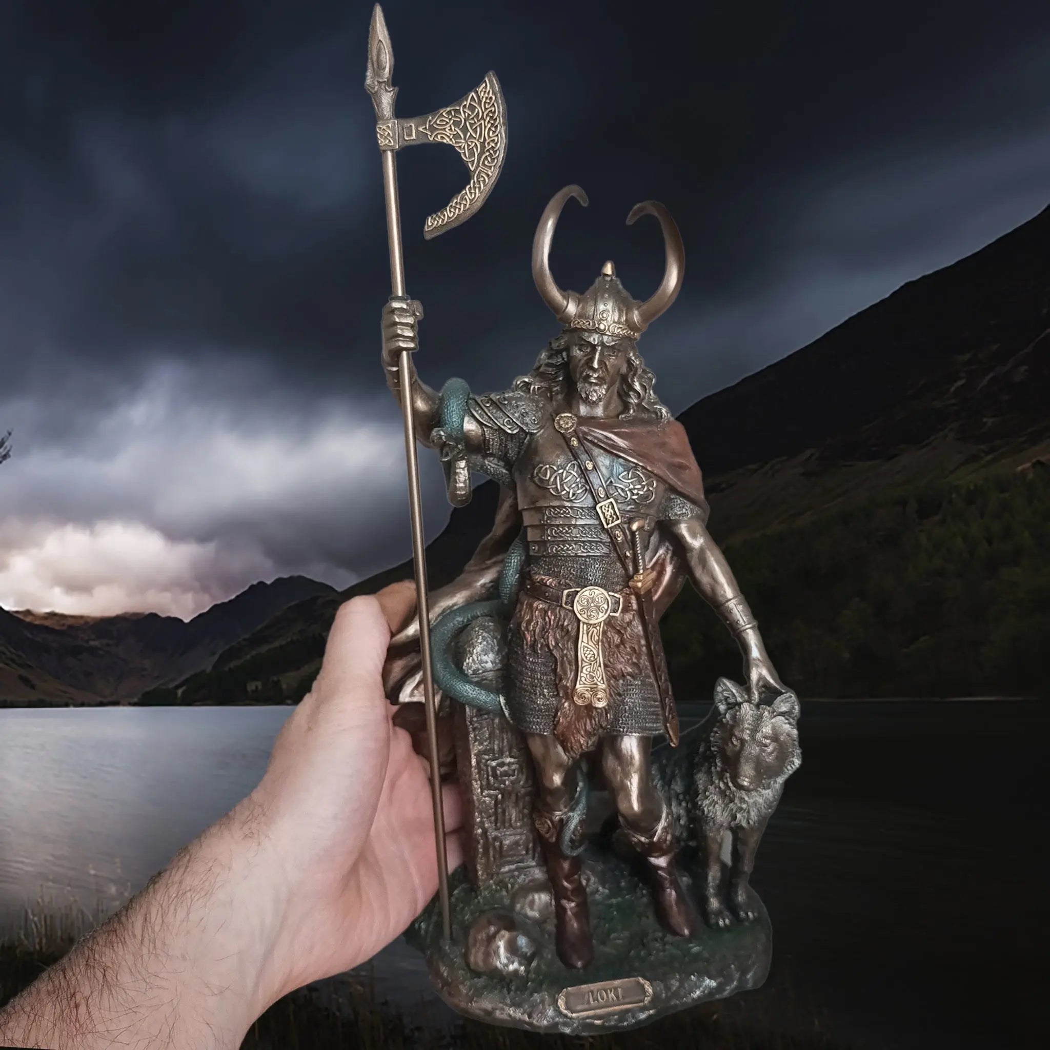 Hand-Painted Large Statue of the Norse God Loki in Solid Resin in Hand for Scale
