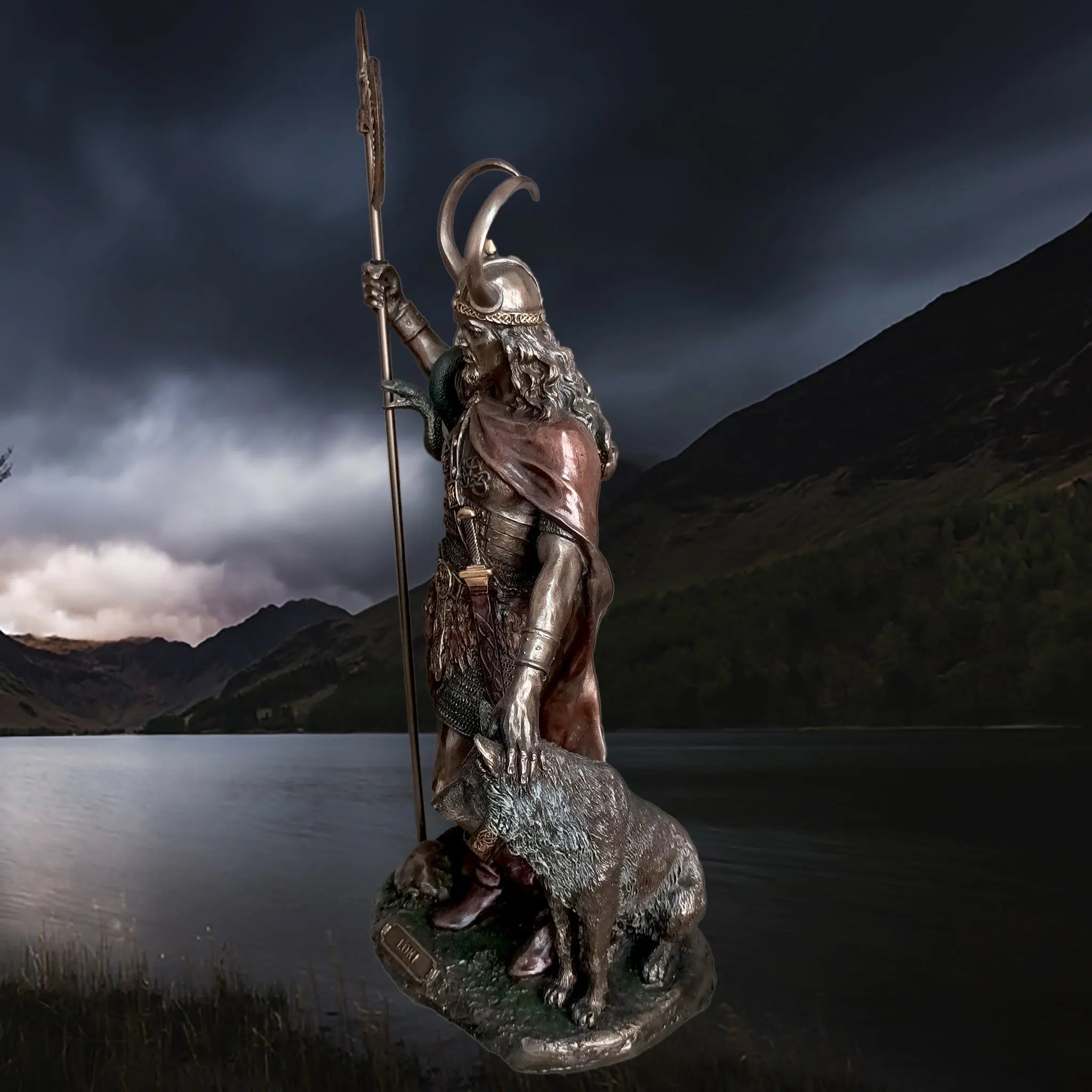 Hand-Painted Large Statue of the Norse God Loki in Solid Resin - Left Side View