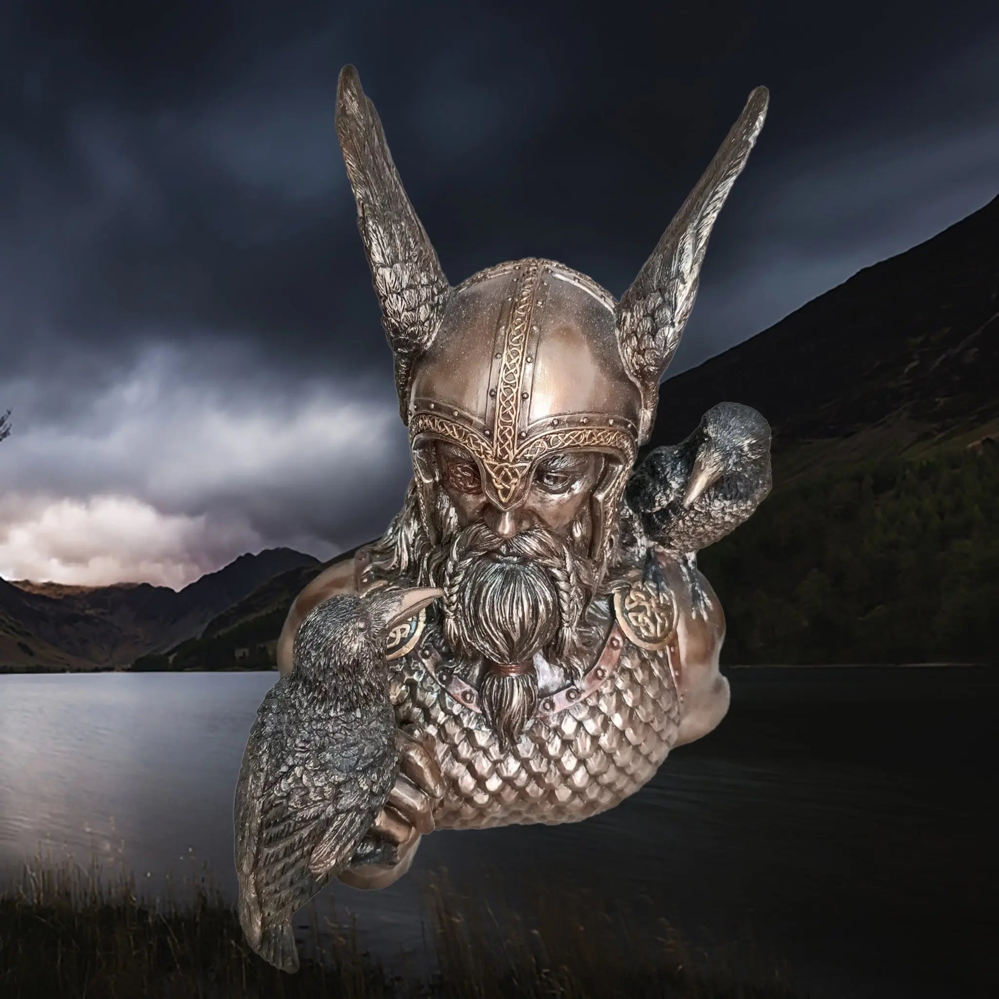 Hand-Painted Large Bust Statue of the Norse God Odin in Solid Resin, Depicted with his Ravens - Huginn & Muninn - Above Front Angle View