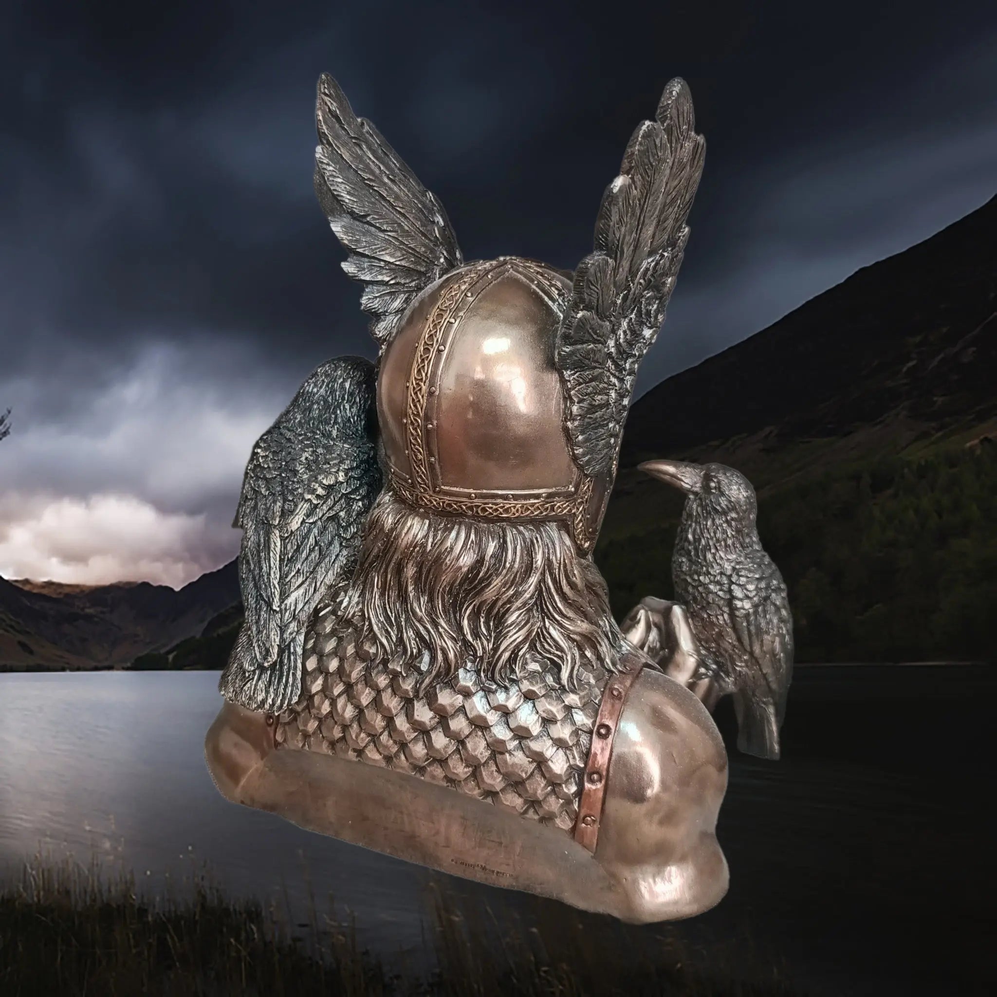 Hand-Painted Large Bust Statue of the Norse God Odin in Solid Resin, Depicted with his Ravens - Huginn & Muninn - Back Angle View