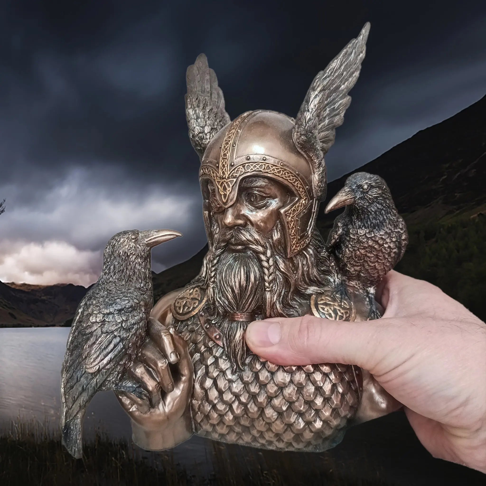Hand-Painted Large Bust Statue of the Norse God Odin in Solid Resin, Depicted with his Ravens - Huginn & Muninn in Right Hand for Scale