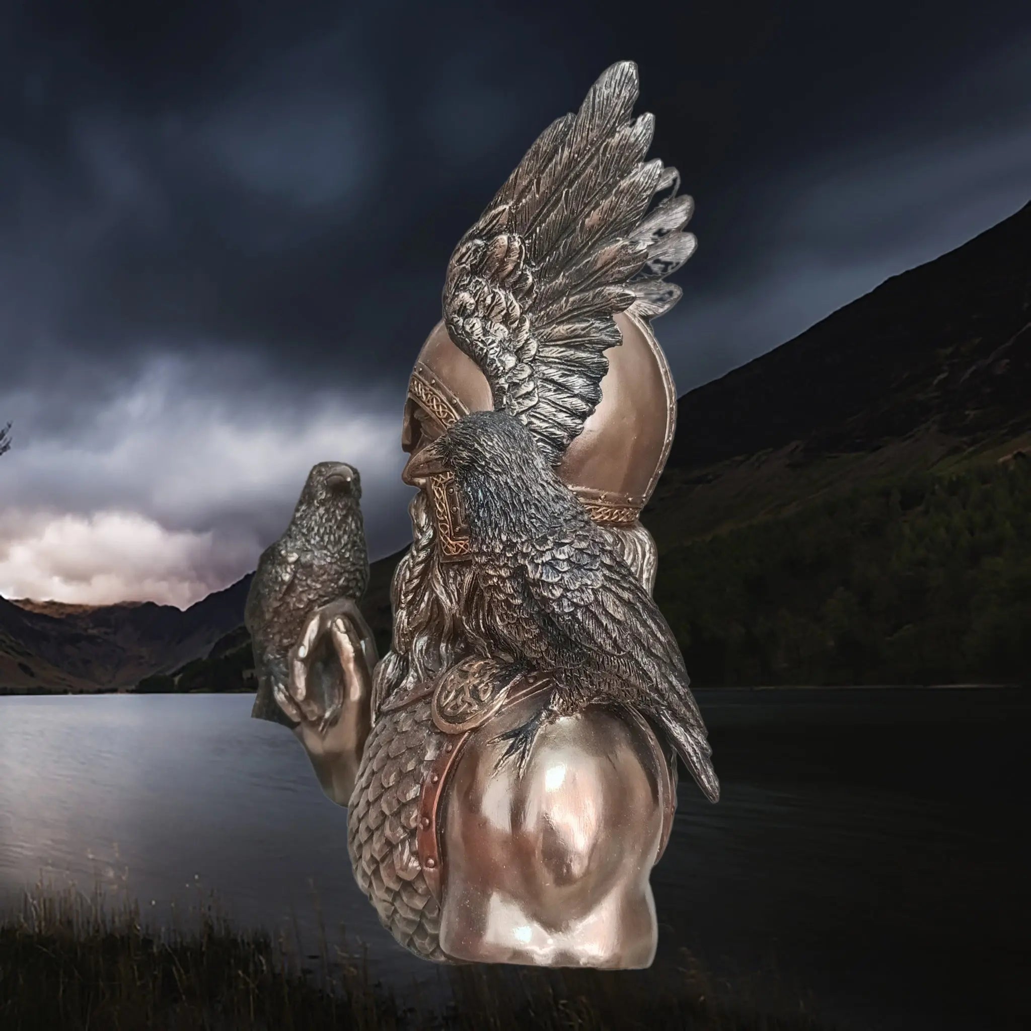 Hand-Painted Large Bust Statue of the Norse God Odin in Solid Resin, Depicted with his Ravens - Huginn & Muninn - Left Side View