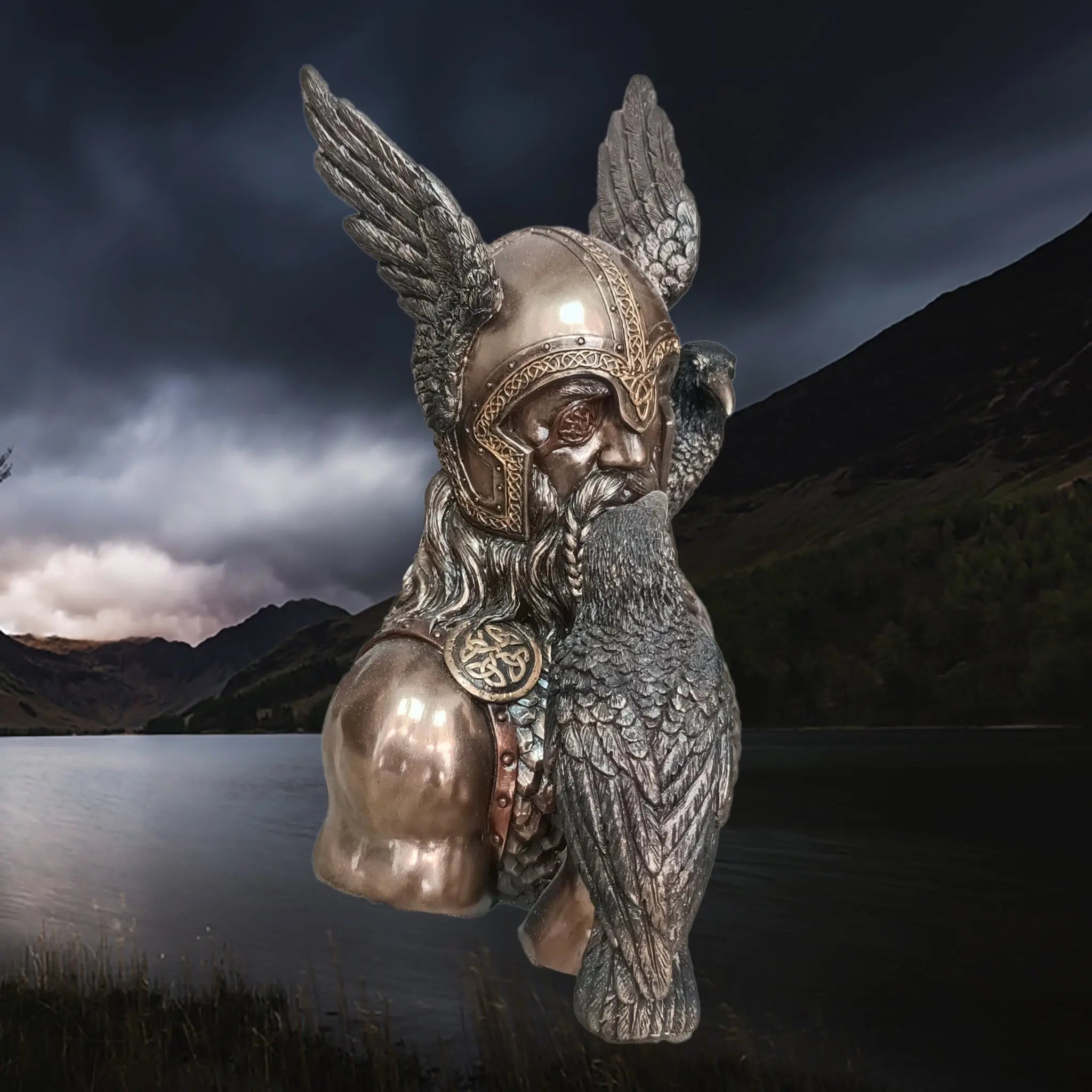 Hand-Painted Large Bust Statue of the Norse God Odin in Solid Resin, Depicted with his Ravens - Huginn & Muninn - Right Side Angle View