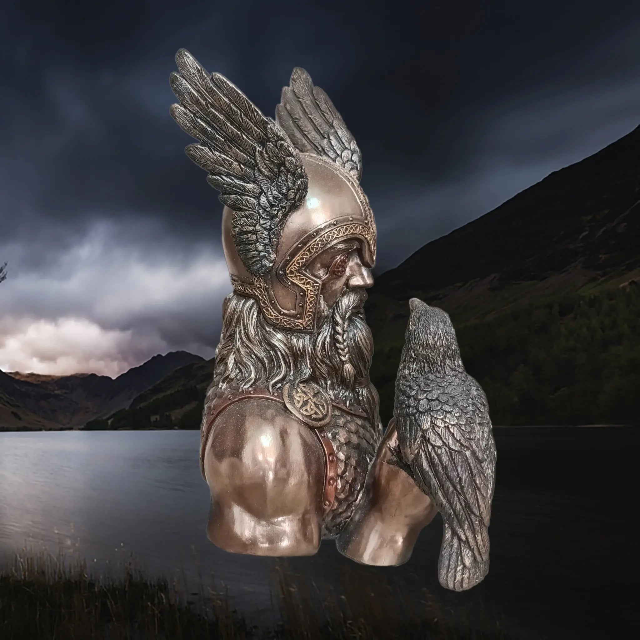 Hand-Painted Large Bust Statue of the Norse God Odin in Solid Resin, Depicted with his Ravens - Huginn & Muninn - Right Side View