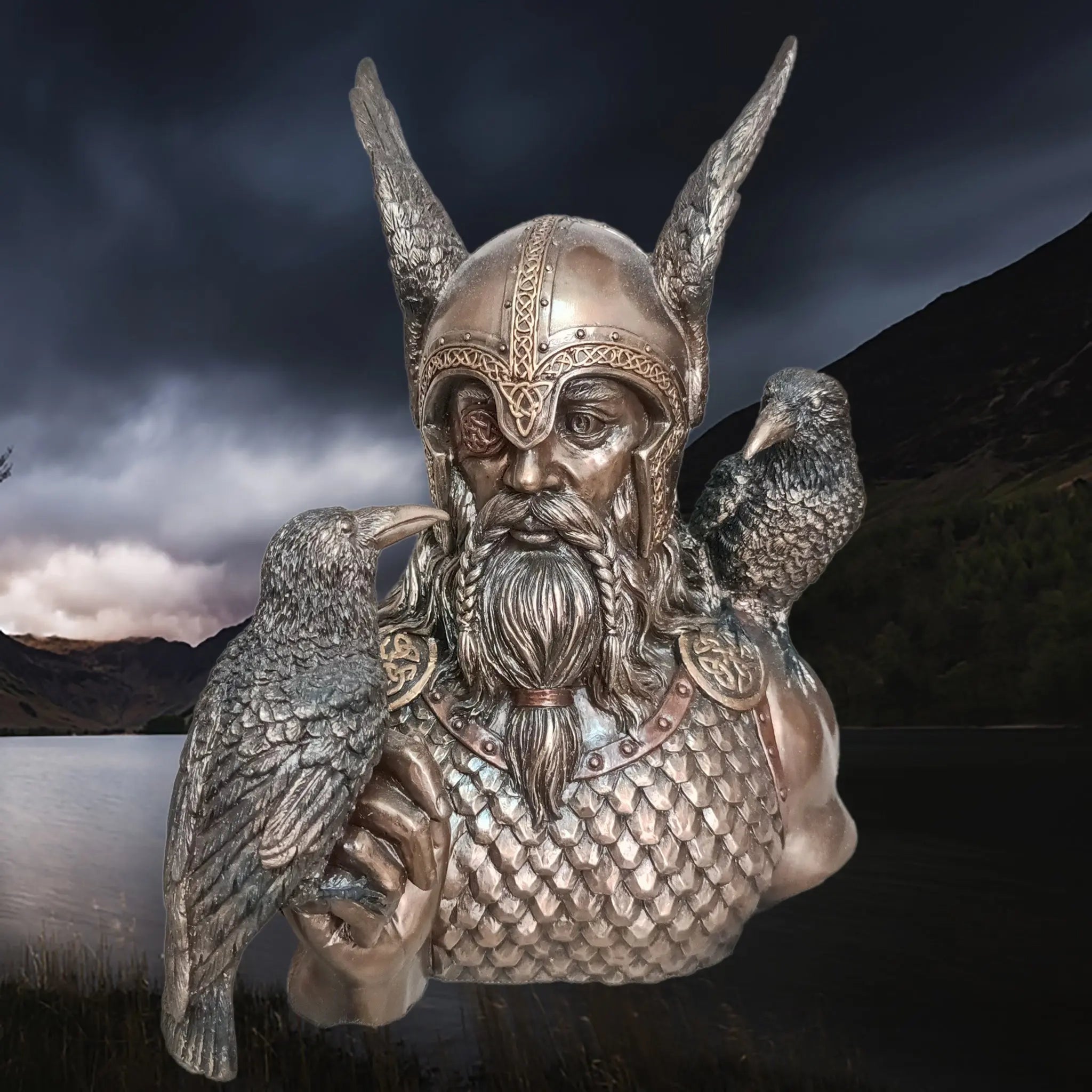 Hand-Painted Large Bust Statue of the Norse God Odin in Solid Resin, Depicted with his Ravens - Huginn & Muninn
