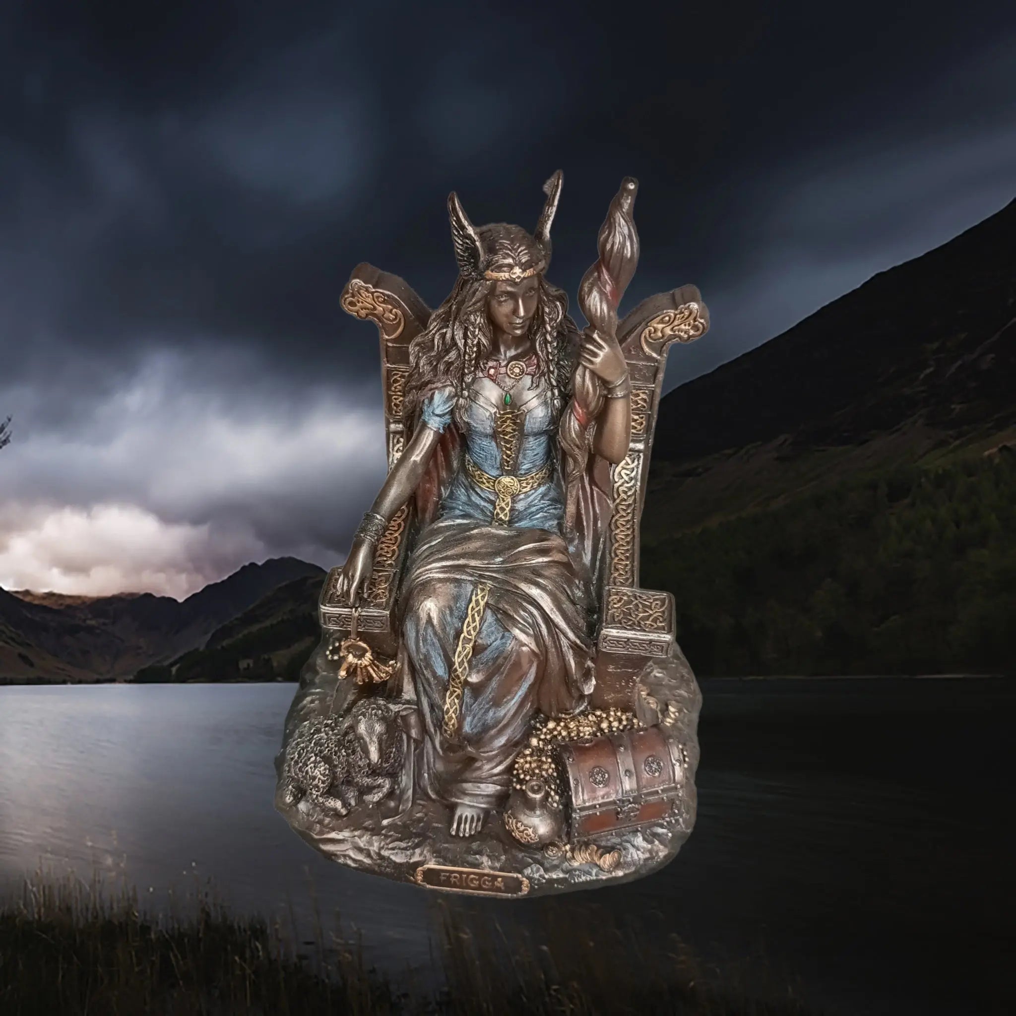Hand-Painted Large Seated Statue of the Norse Goddess Frigga in Solid Resin - Above Front View