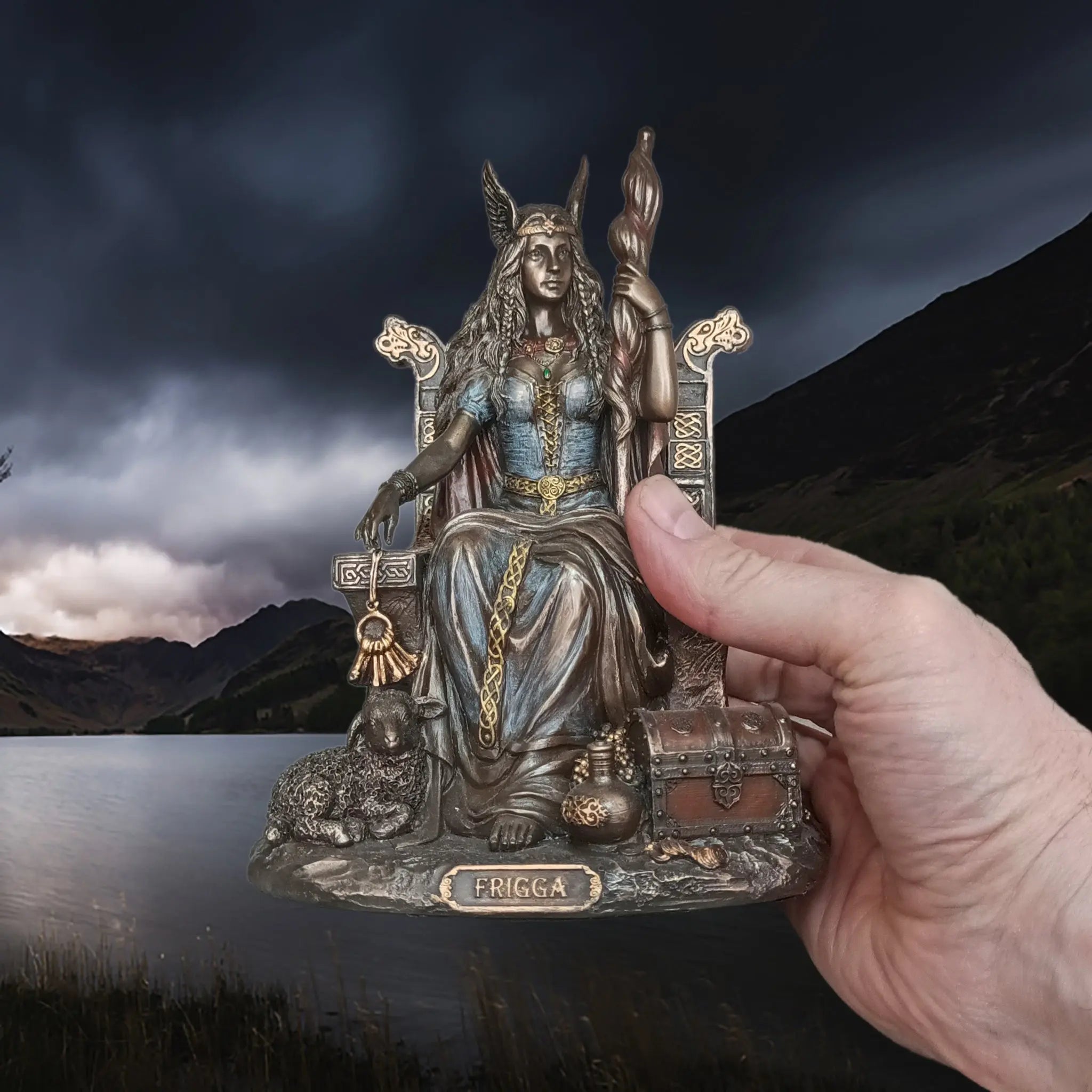 Hand-Painted Large Seated Statue of the Norse Goddess Frigga in Solid Resin in Hand for Scale