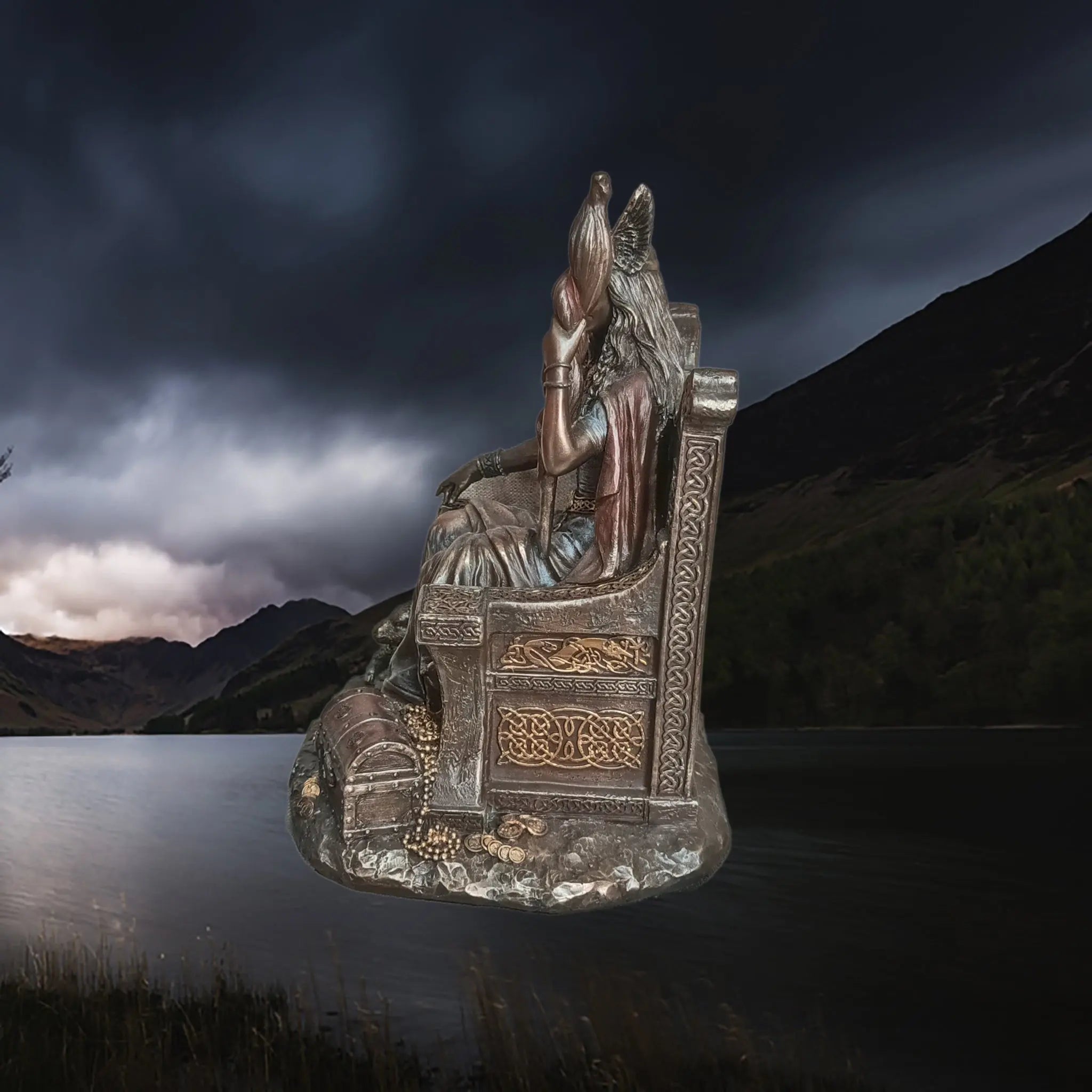 Hand-Painted Large Seated Statue of the Norse Goddess Frigga in Solid Resin - Left Side View