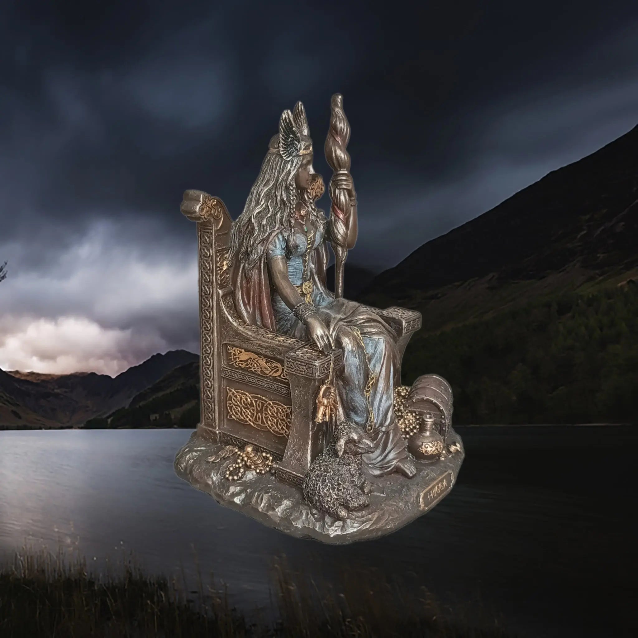 Hand-Painted Large Seated Statue of the Norse Goddess Frigga in Solid Resin - Right Side Angle View