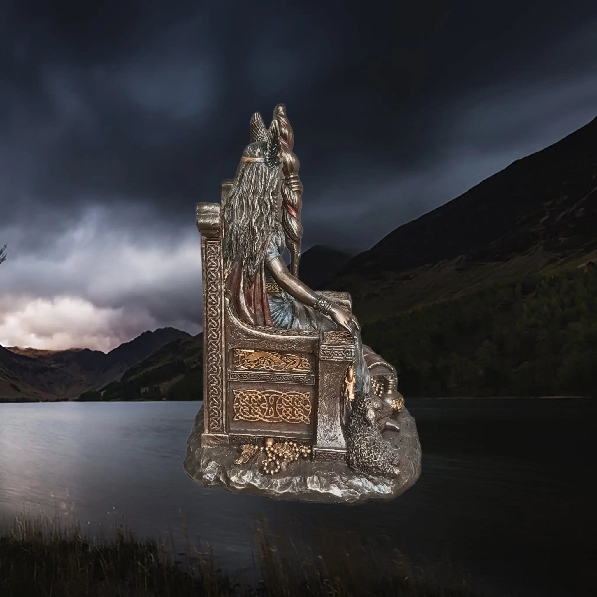 Hand-Painted Large Seated Statue of the Norse Goddess Frigga in Solid Resin - Right Side View