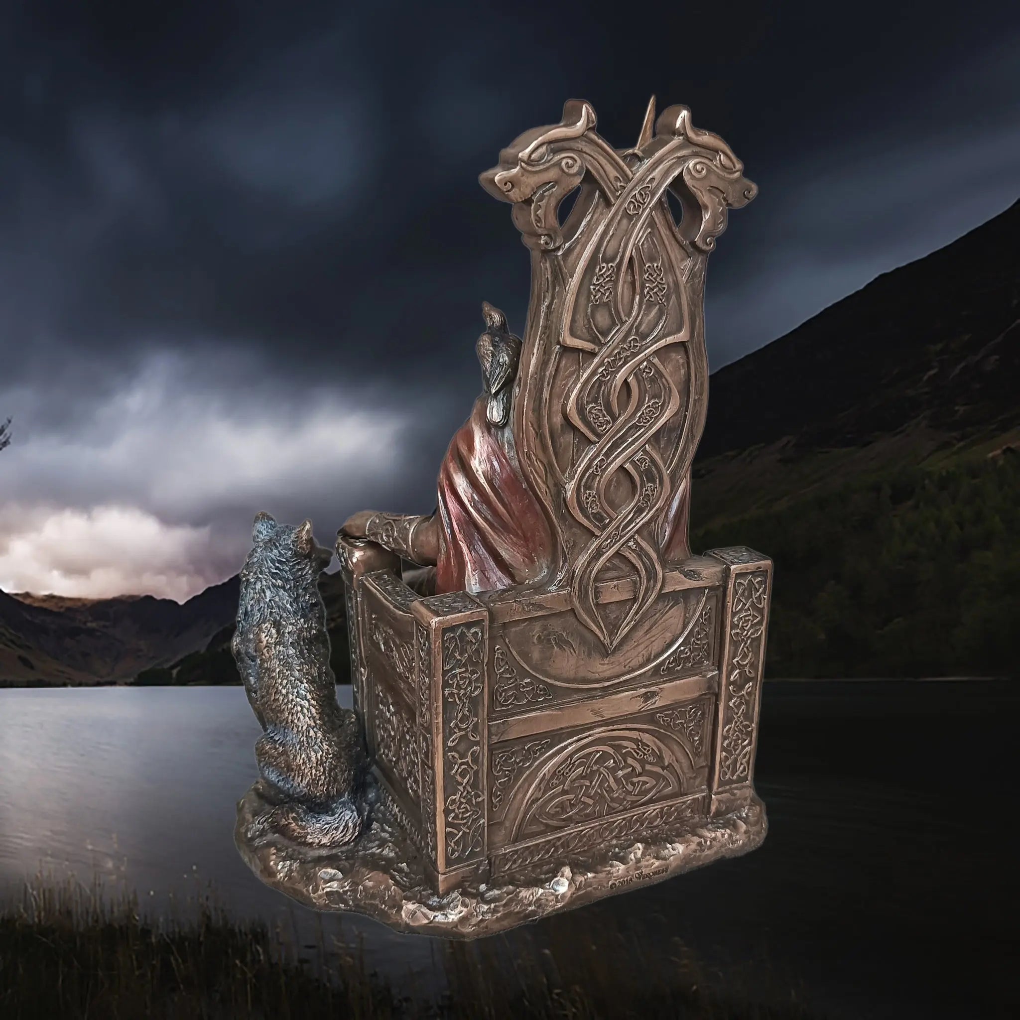 Hand-Painted Large Seated Statue of the Norse God Odin in Solid Resin - Back Angle View