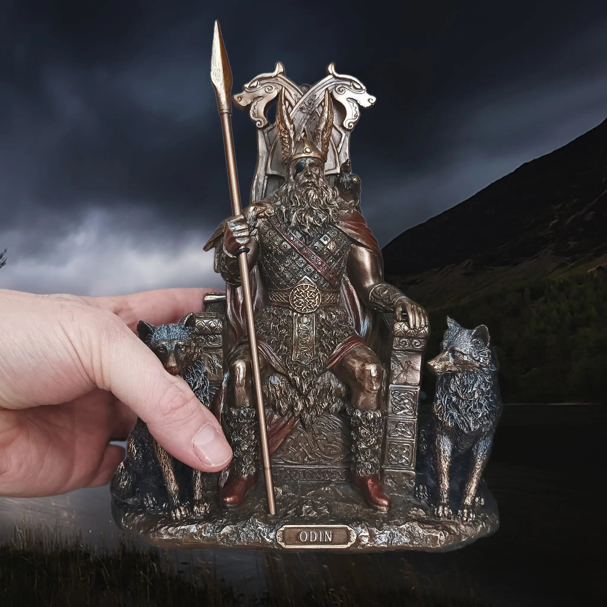 Hand-Painted Large Seated Statue of the Norse God Odin in Solid Resin in Left Hand for Scale