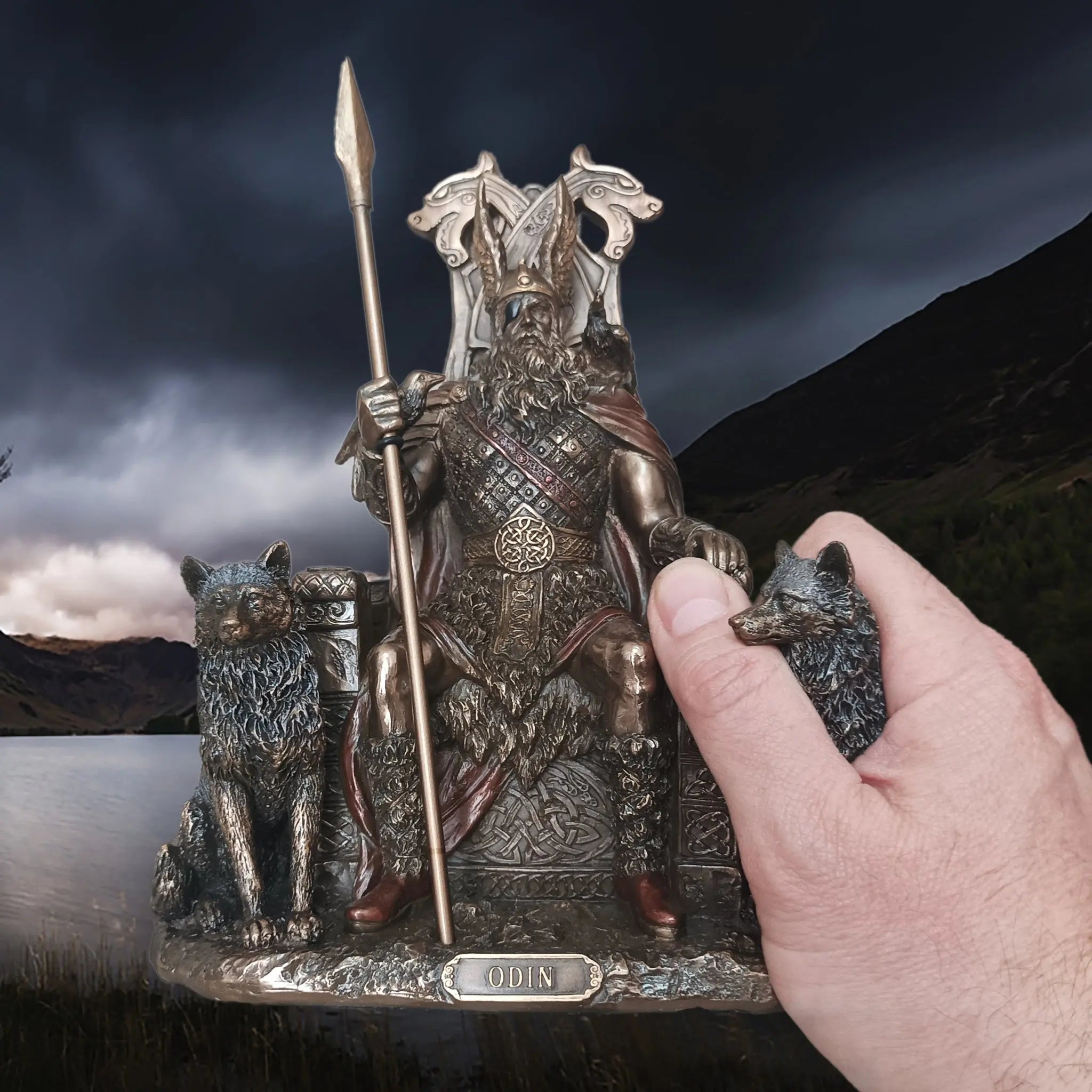 Hand-Painted Large Seated Statue of the Norse God Odin in Solid Resin in Right Hand for Scale