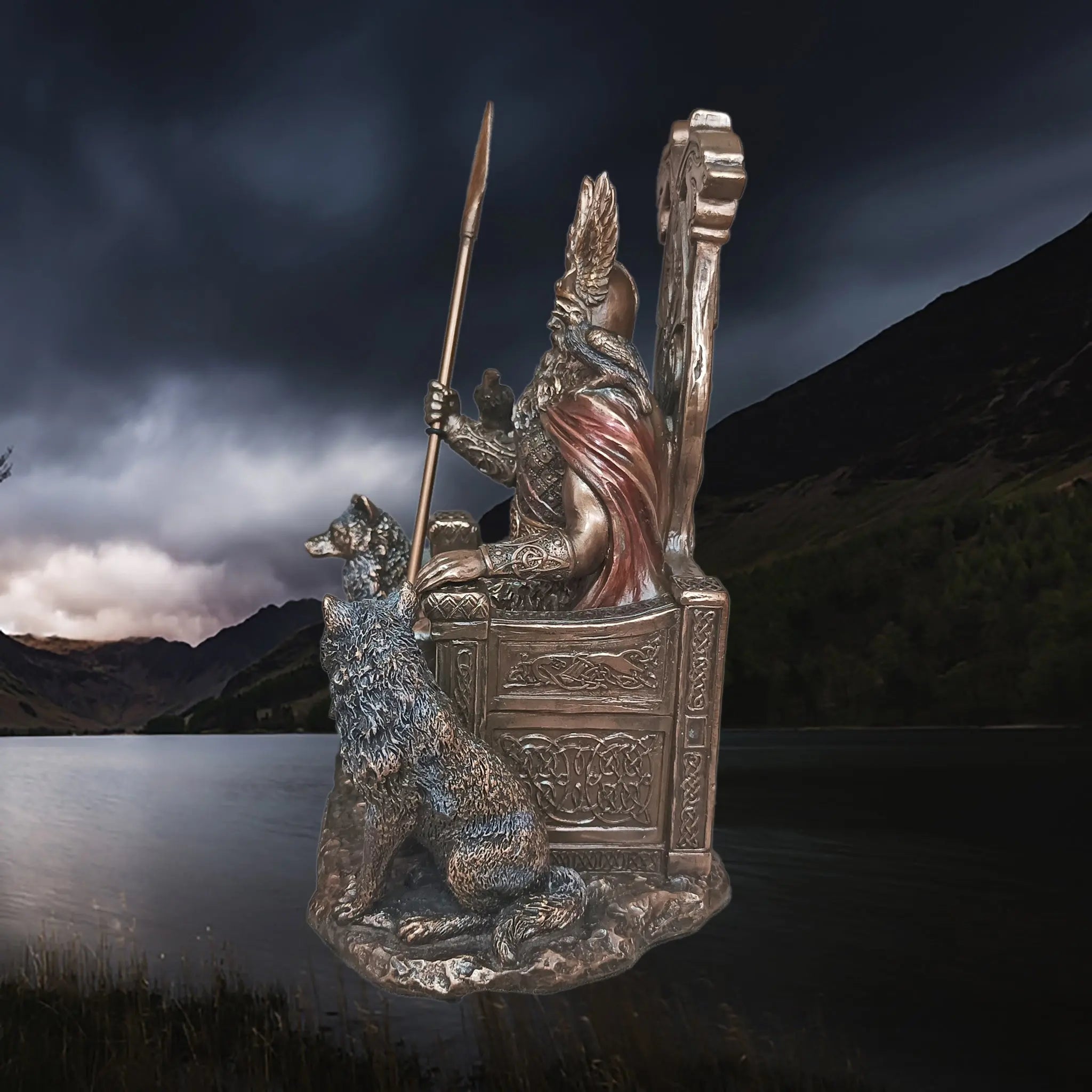 Hand-Painted Large Seated Statue of the Norse God Odin in Solid Resin - Left Side View