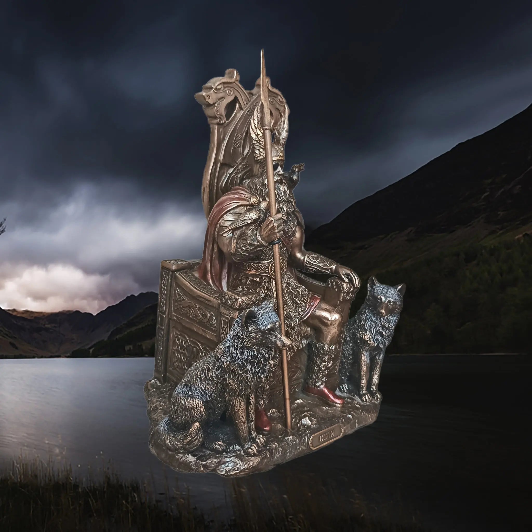 Hand-Painted Large Seated Statue of the Norse God Odin in Solid Resin - Front Right Angle View