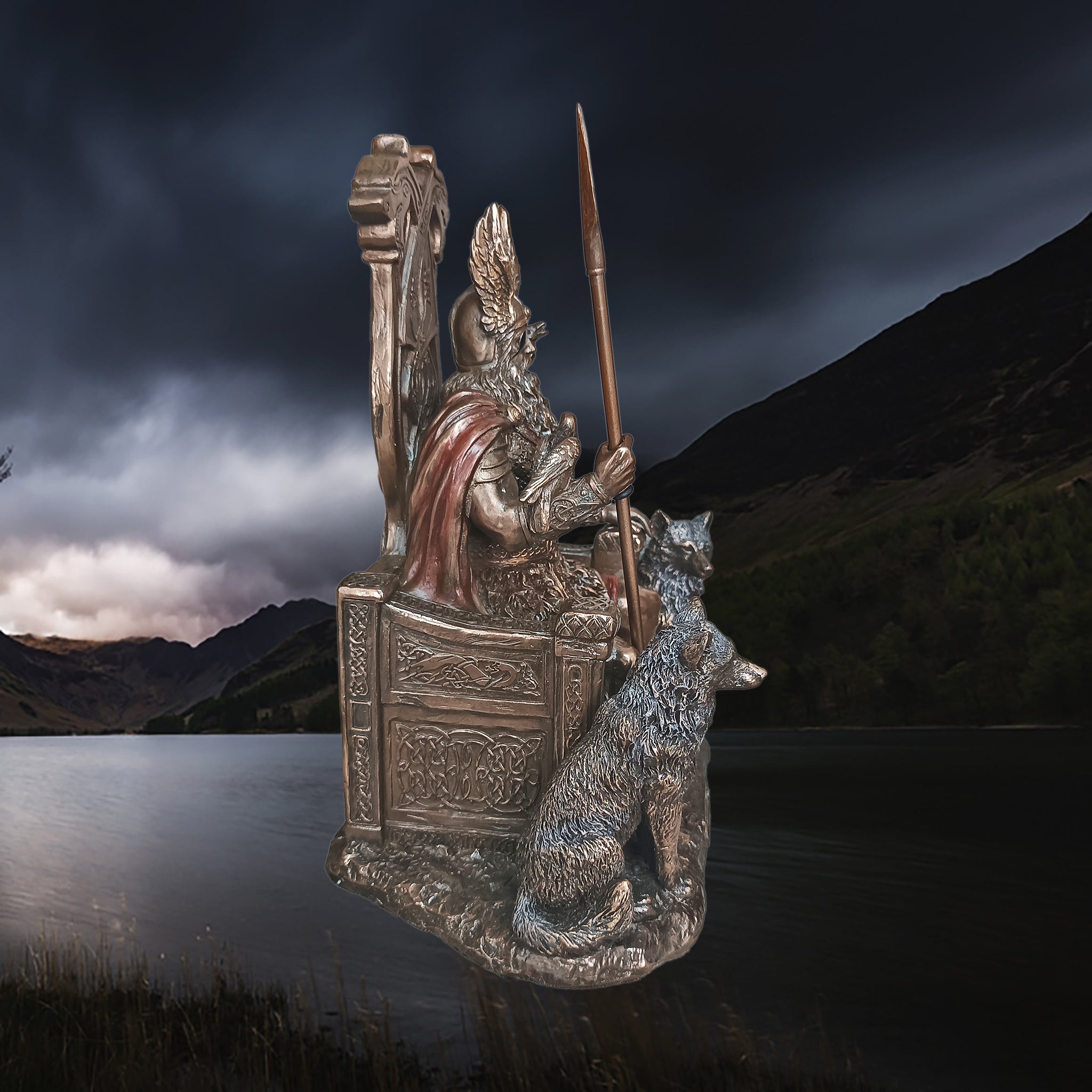 Hand-Painted Large Seated Statue of the Norse God Odin in Solid Resin - Right Side View