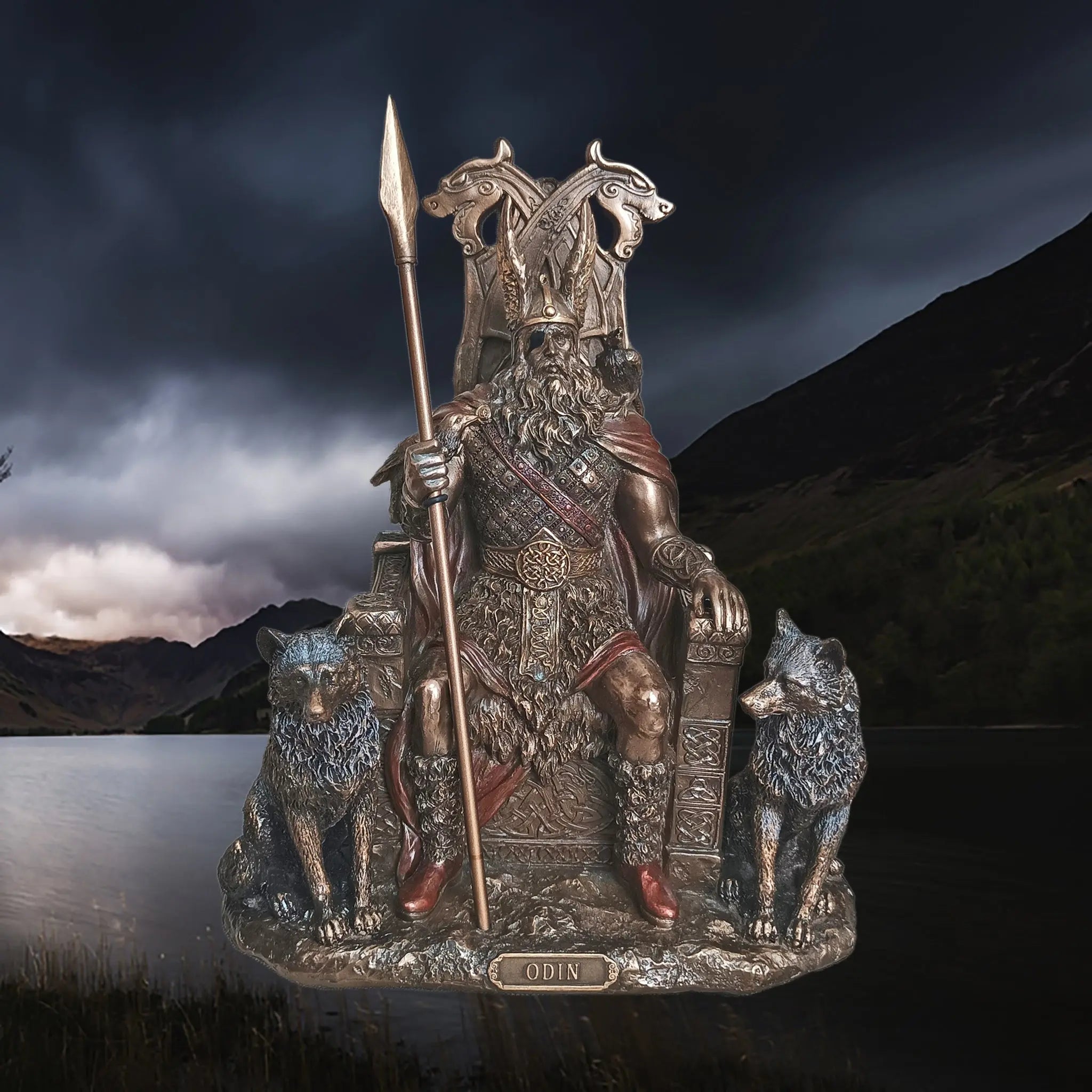 Hand-Painted Large Statue of the Norse God Odin in Solid Resin with His Spear Gungnir, wolves Geri & Freki & ravens - Hugin & Munin