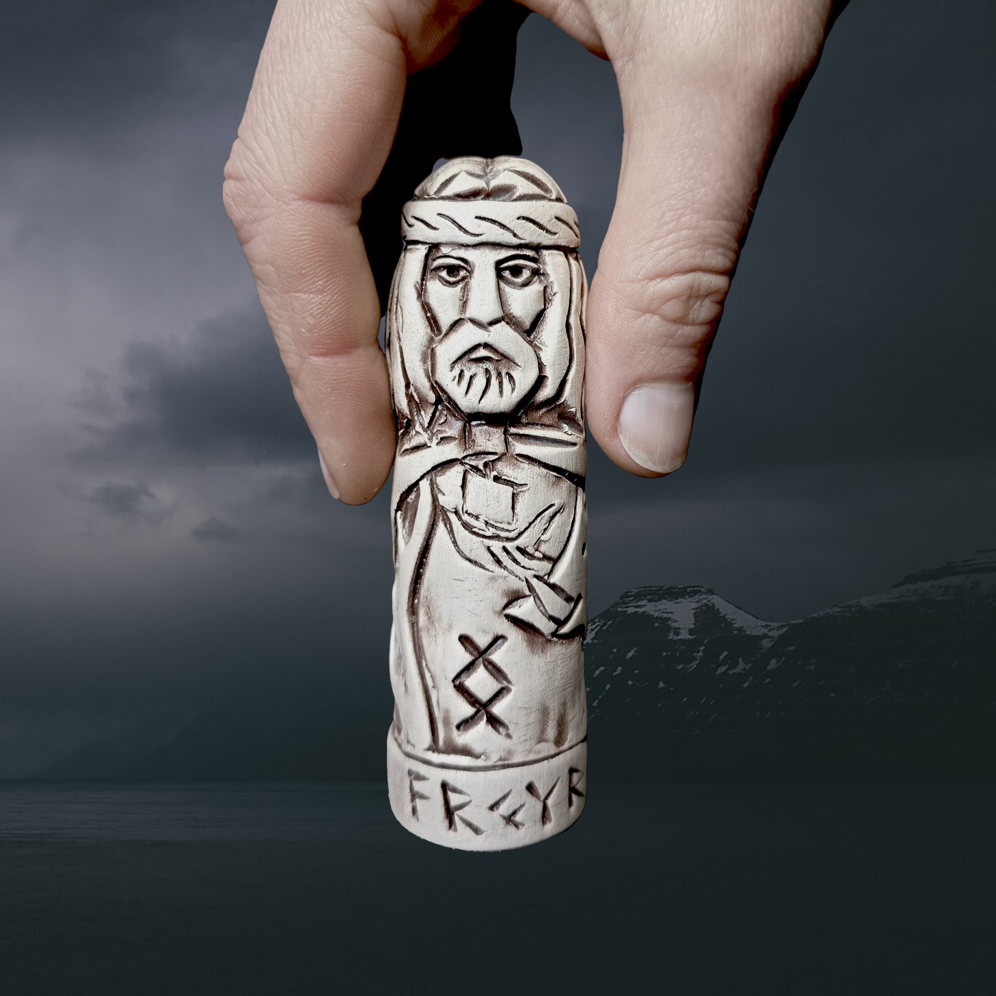 Hand-Crafted Ceramic Norse God Freyr (Frey) Statuette in Hand for Scale