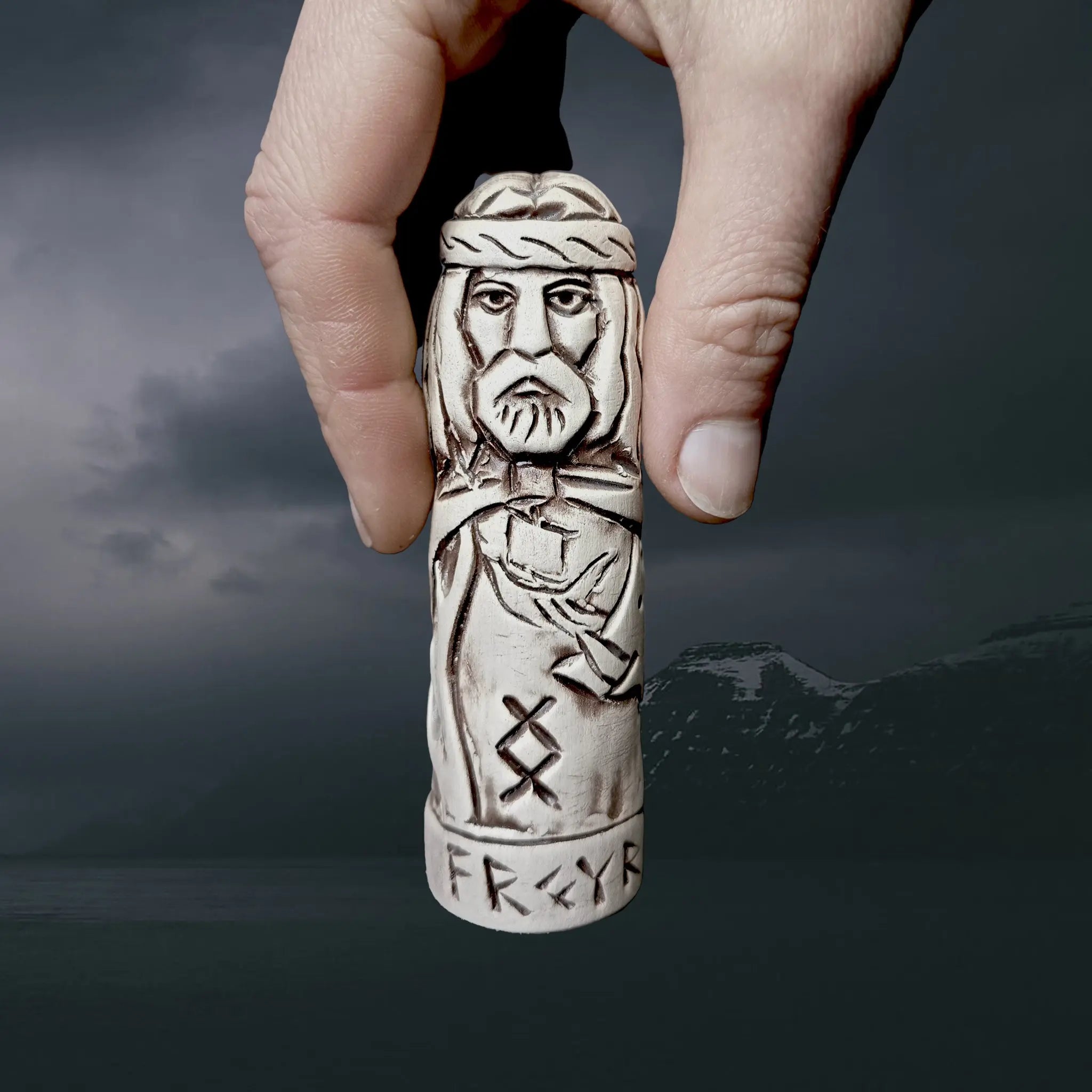 Hand-Crafted Ceramic Norse God Freyr (Frey) Statuette in Hand for Scale