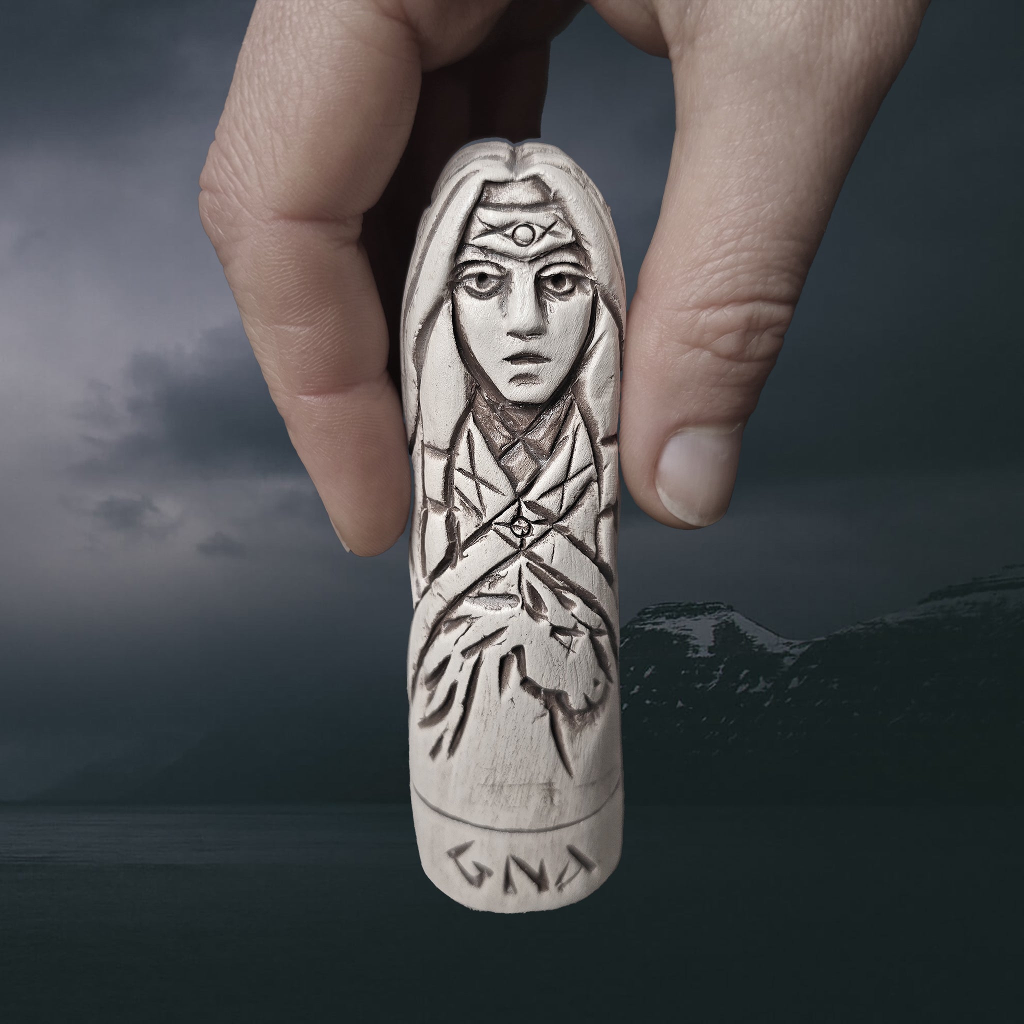 Hand-Crafted Ceramic Norse Goddess Gna Statuette in Hand for Scale
