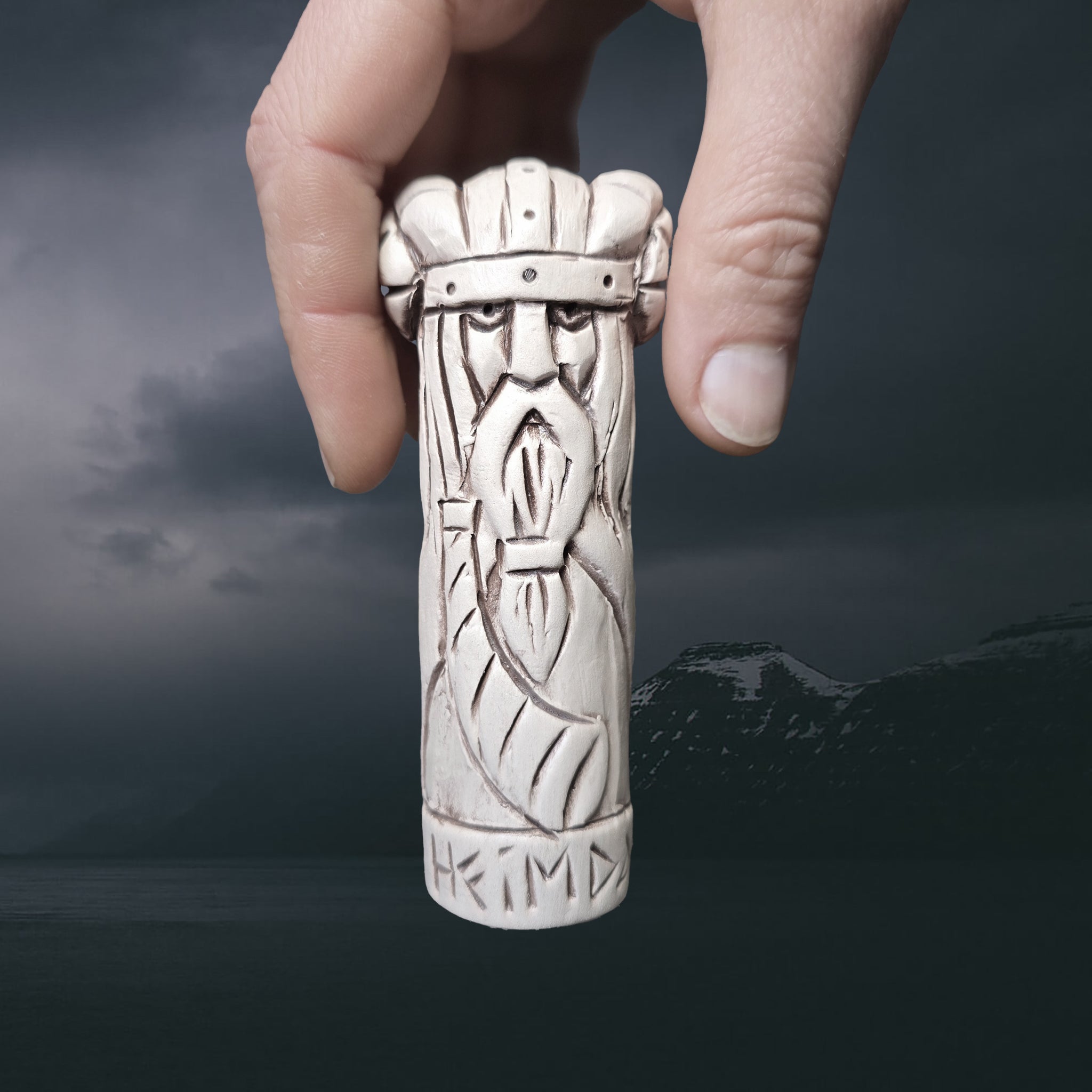 Hand-Crafted Ceramic Norse God Heimdall Statuette in Hand for Scale
