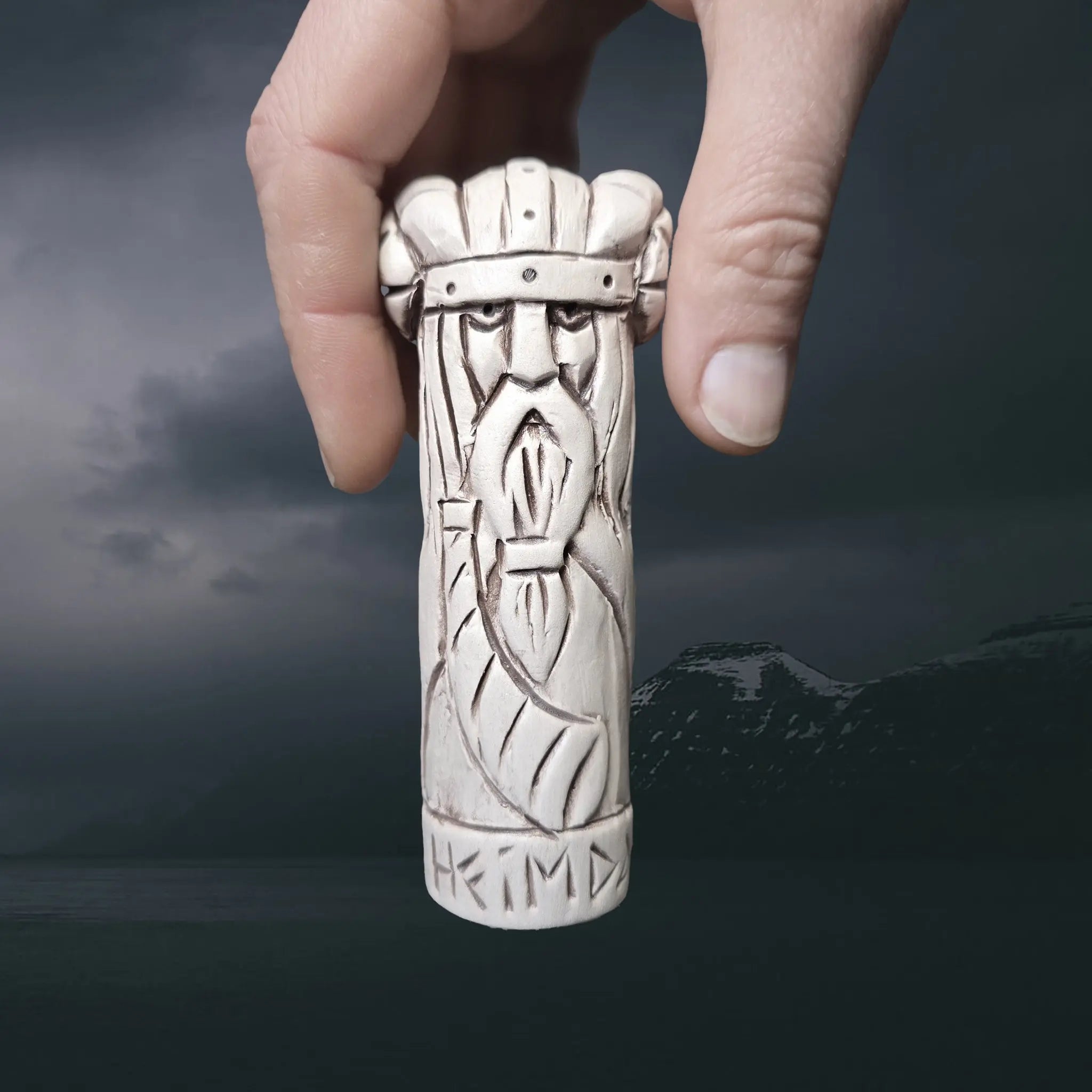 Hand-Crafted Ceramic Norse God Heimdall Statuette in Hand for Scale