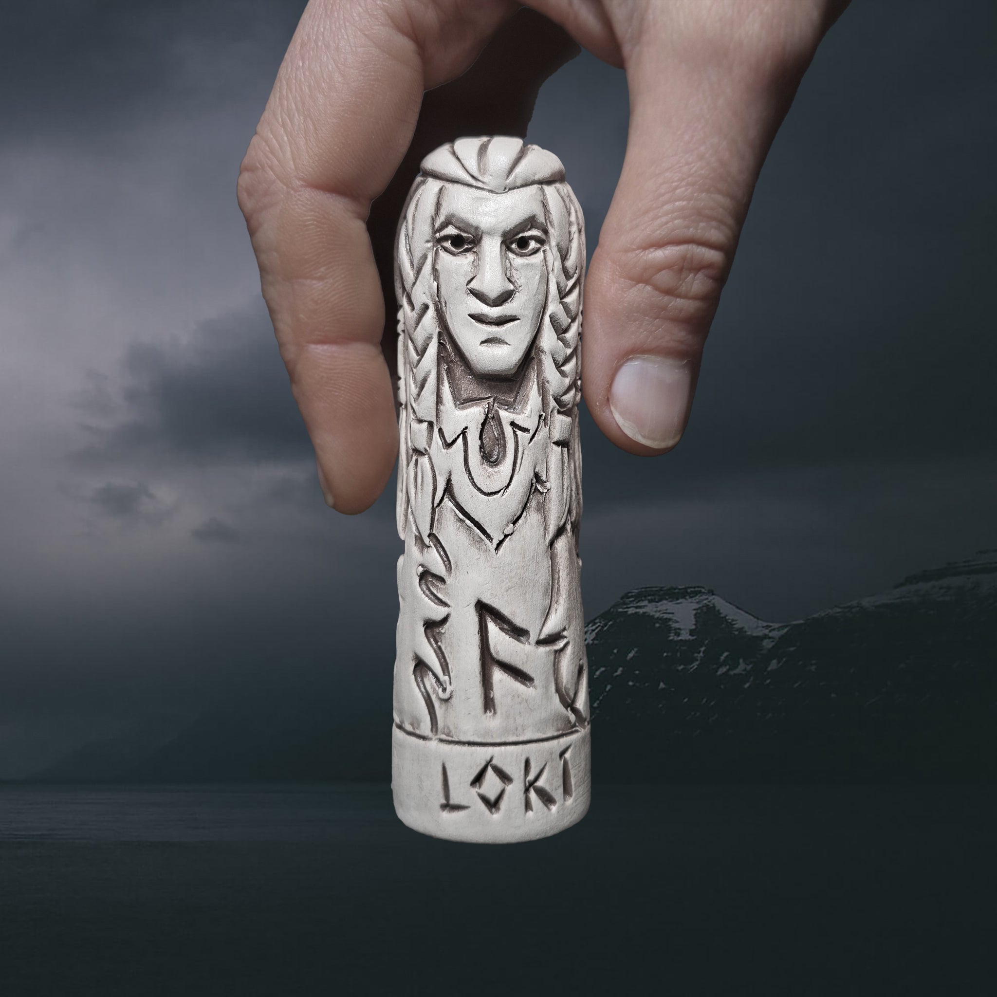 Hand-Crafted Ceramic Norse God Loki Statuette in Hand for Scale