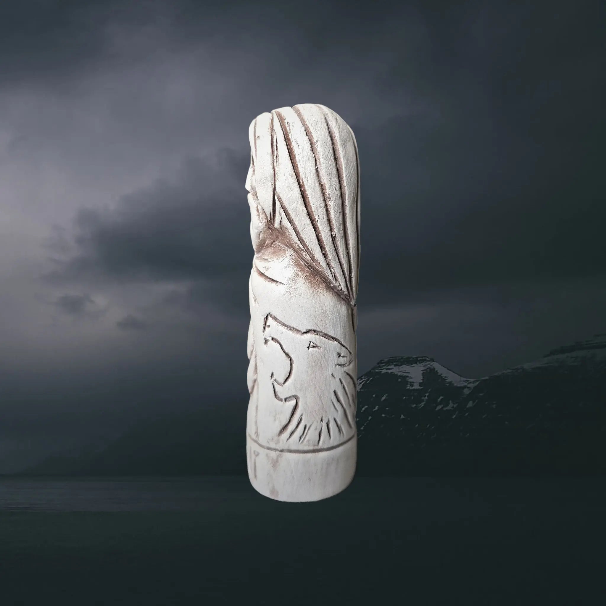 Statuette of the Norse God Mani in Hand-Crafted Clay - Left Side View