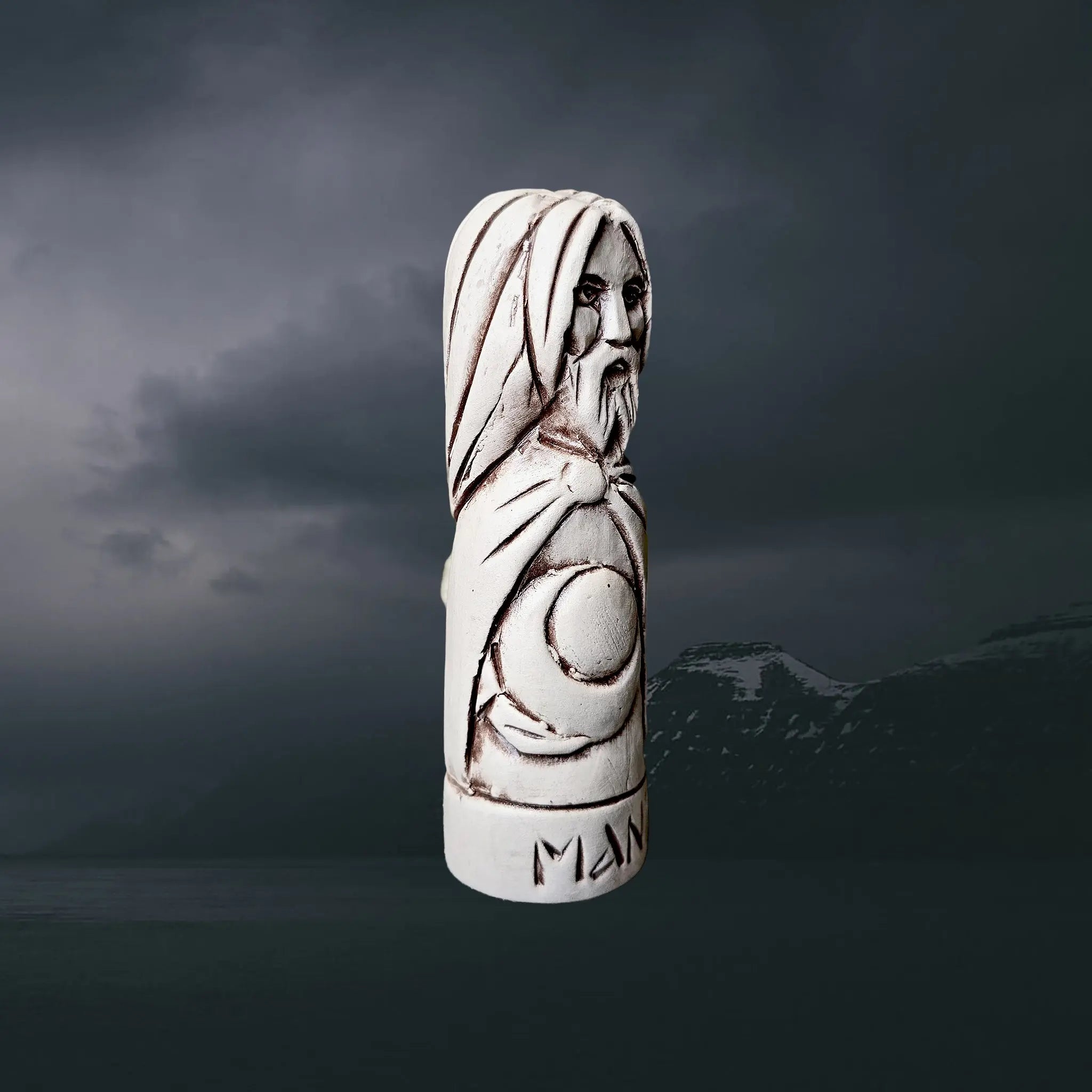 Statuette of the Norse God Mani in Hand-Crafted Clay - Right Side Angle View