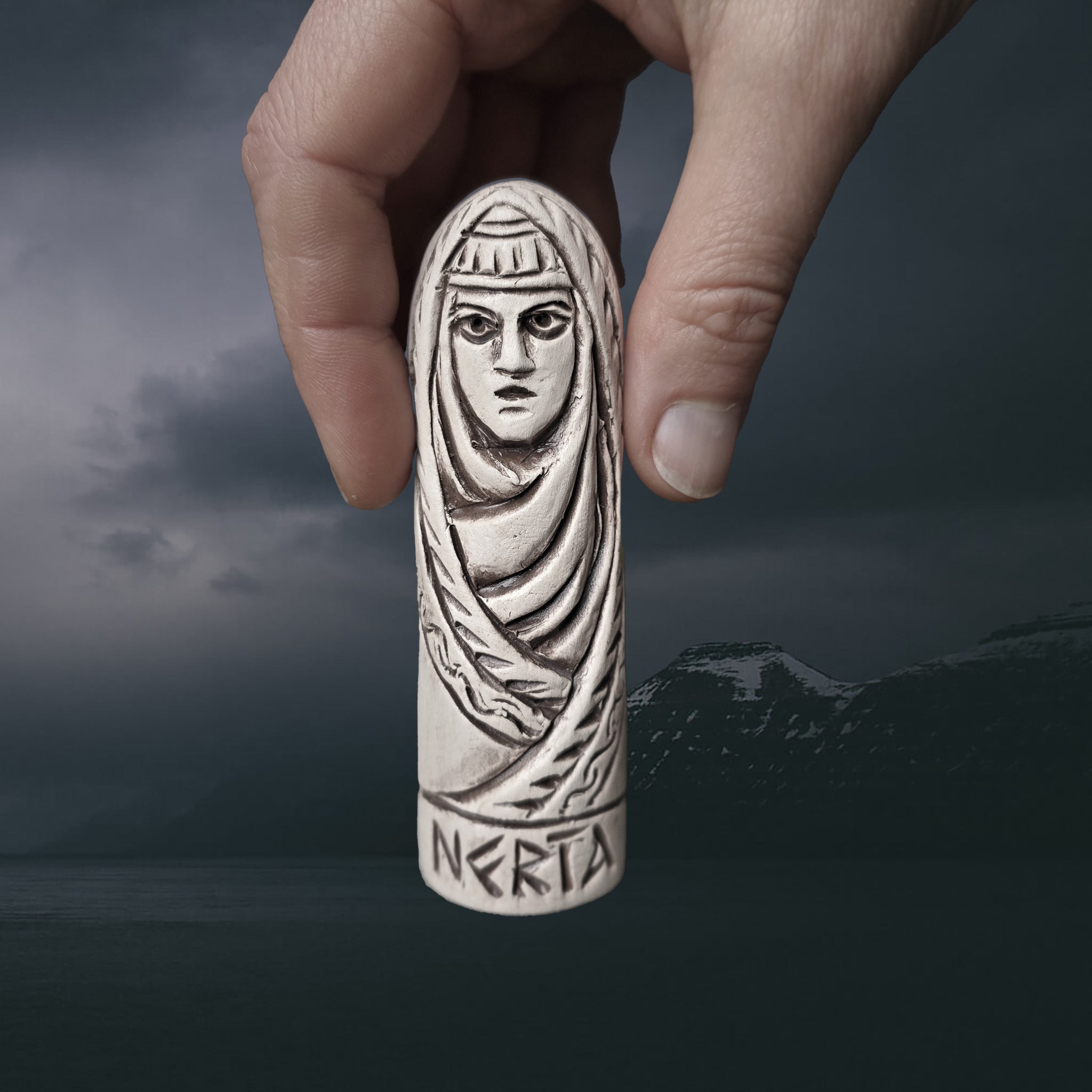 Hand-Crafted Ceramic Norse Goddess Nerta (Nerthus) Statuette in Hand for Scale