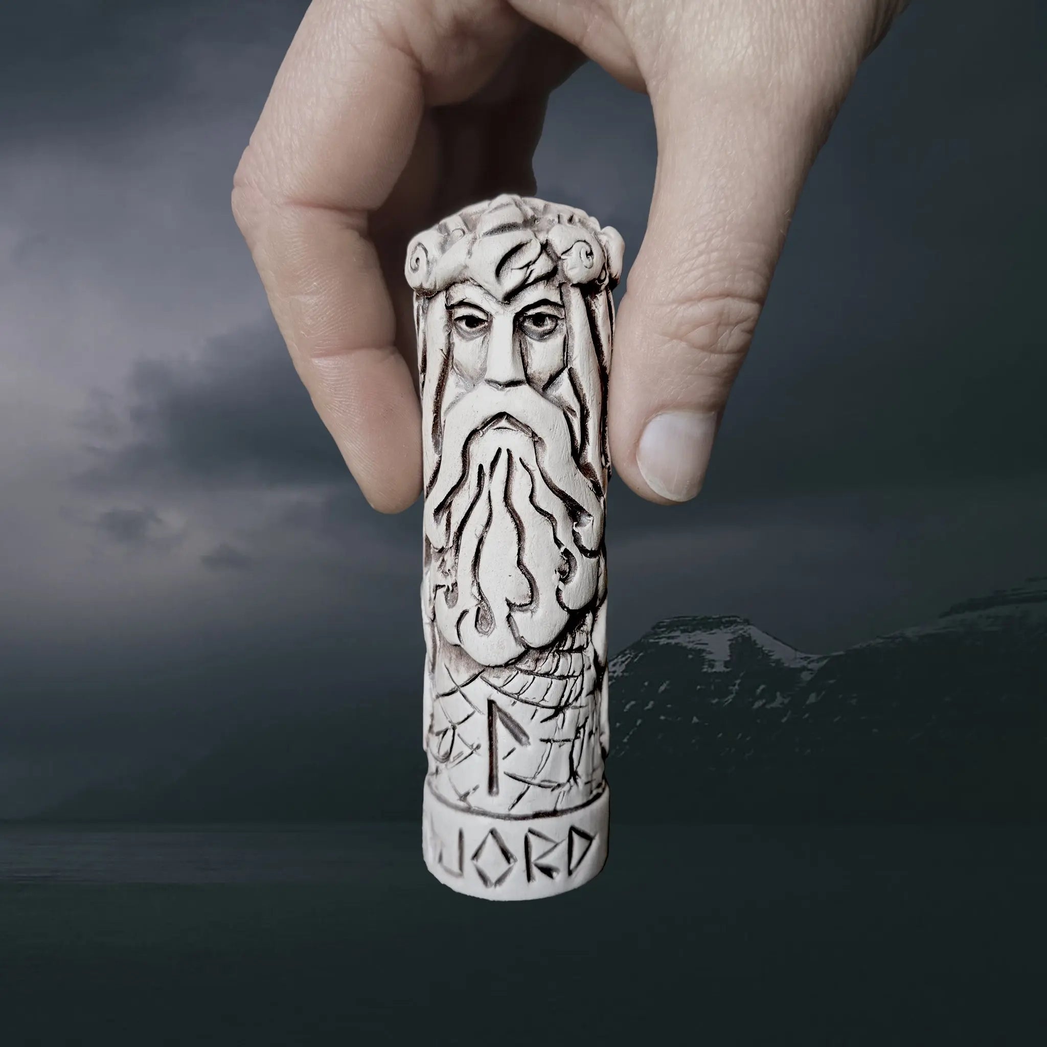Hand-Crafted Ceramic Norse God Njord Statuette in Hand for Scale