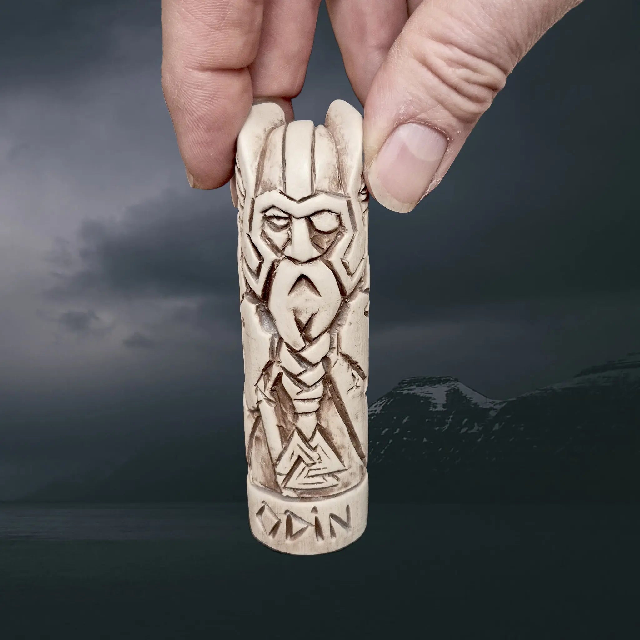 Statuette of the Norse God Odin the Warrior in Hand-Crafted Clay with Hand for Scale