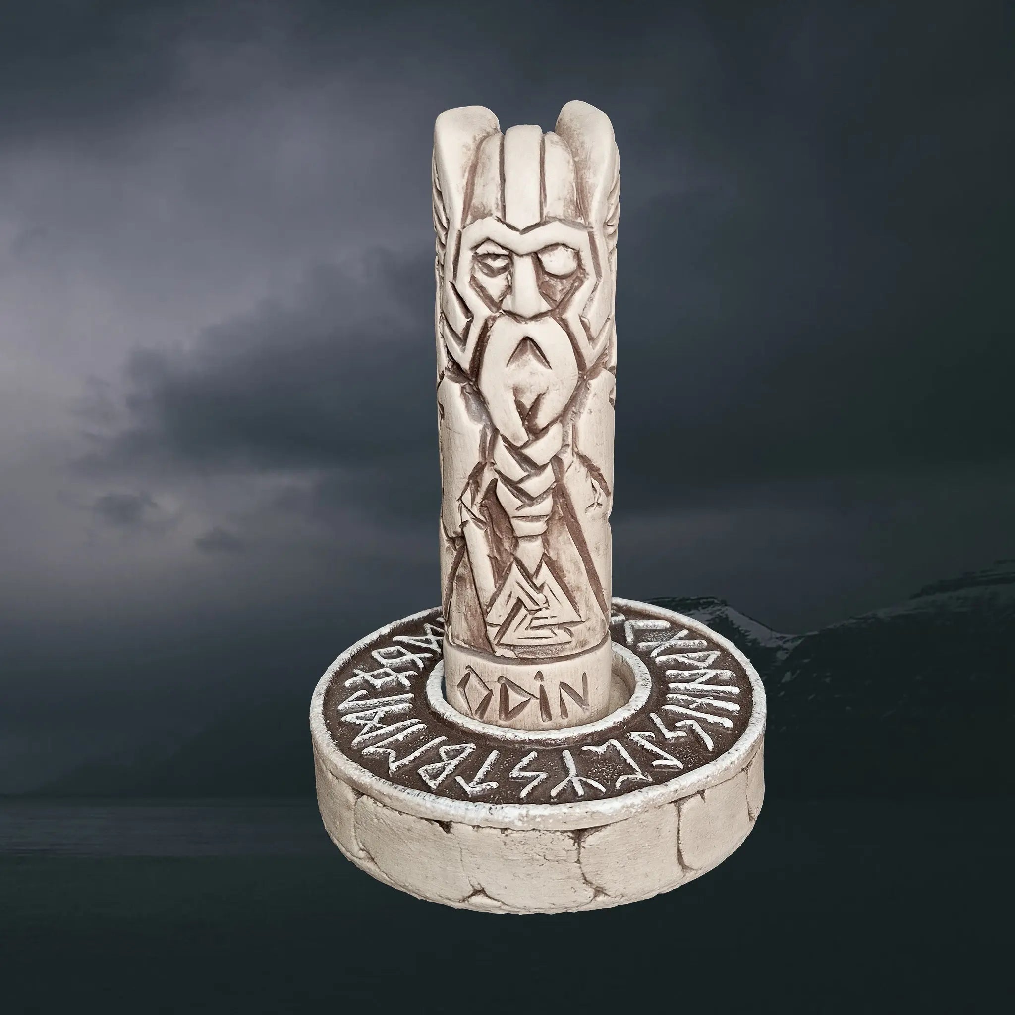Statuette of the Norse God Odin the Warrior in Hand-Crafted Clay on Elder Futhark Runic Altar