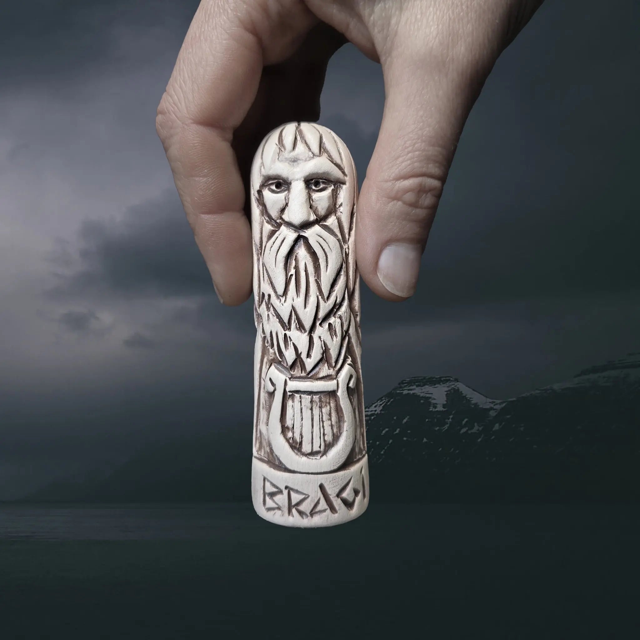 Statuette of the Norse God Bragi in Hand-Crafted Clay in Hand for Scale