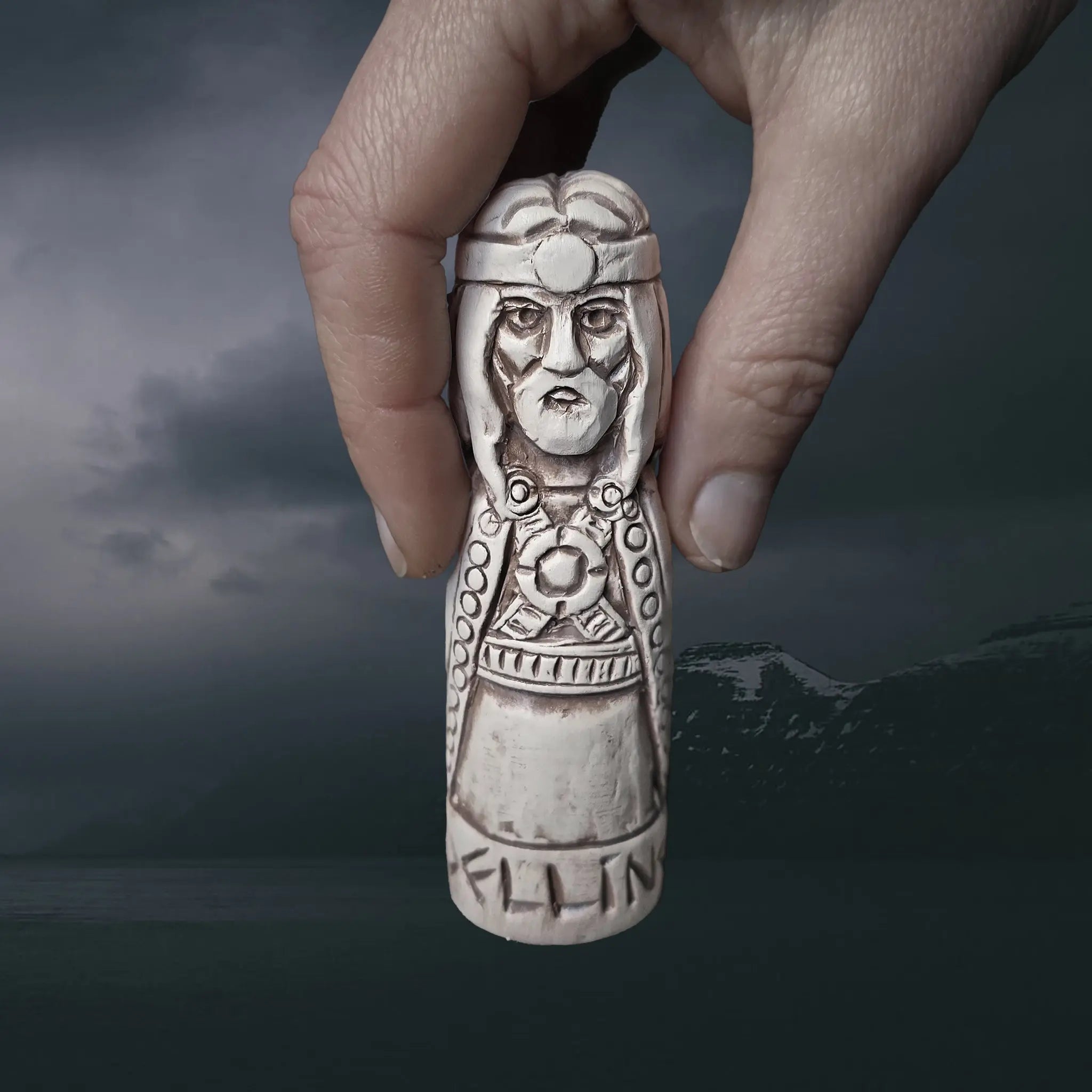 Statuette of the Norse God Delling in Hand-Crafted Clay with Hand For Scale