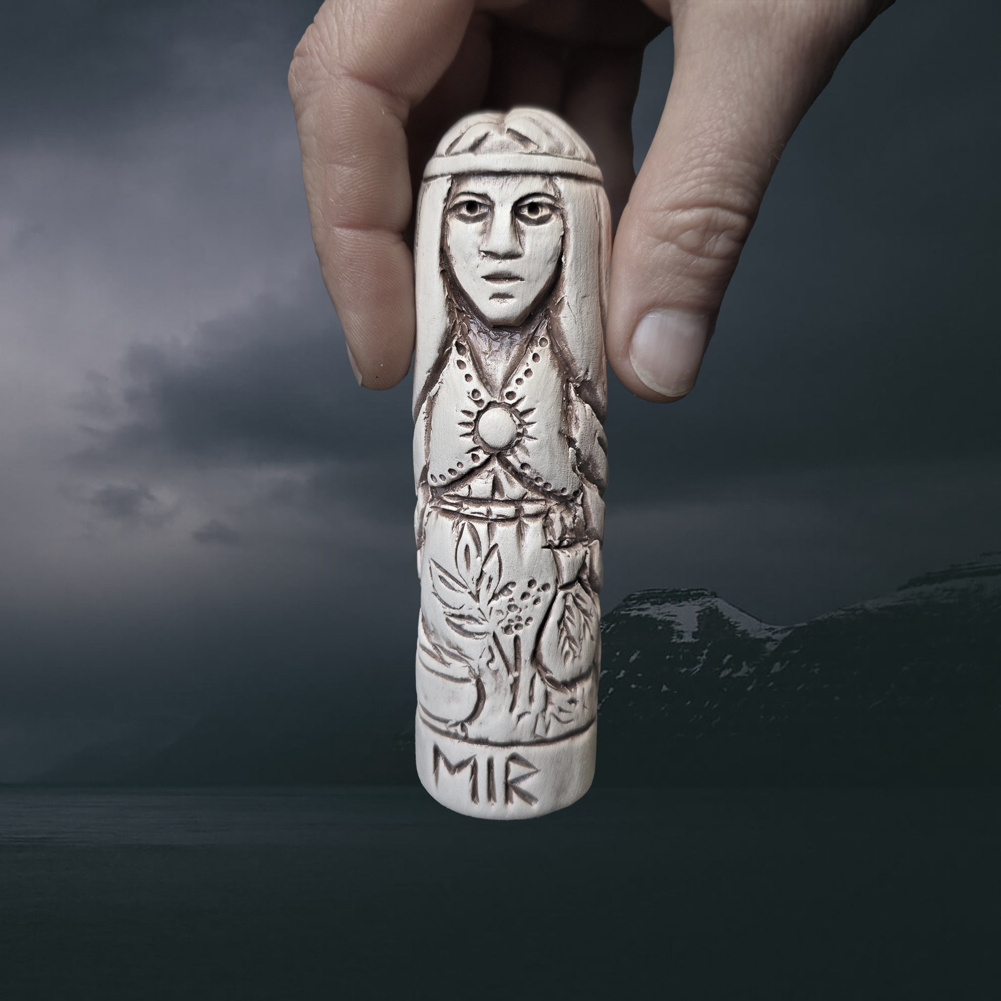 Statuette of the Norse Goddess Eir in Hand-Crafted Clay in Hand for Scale