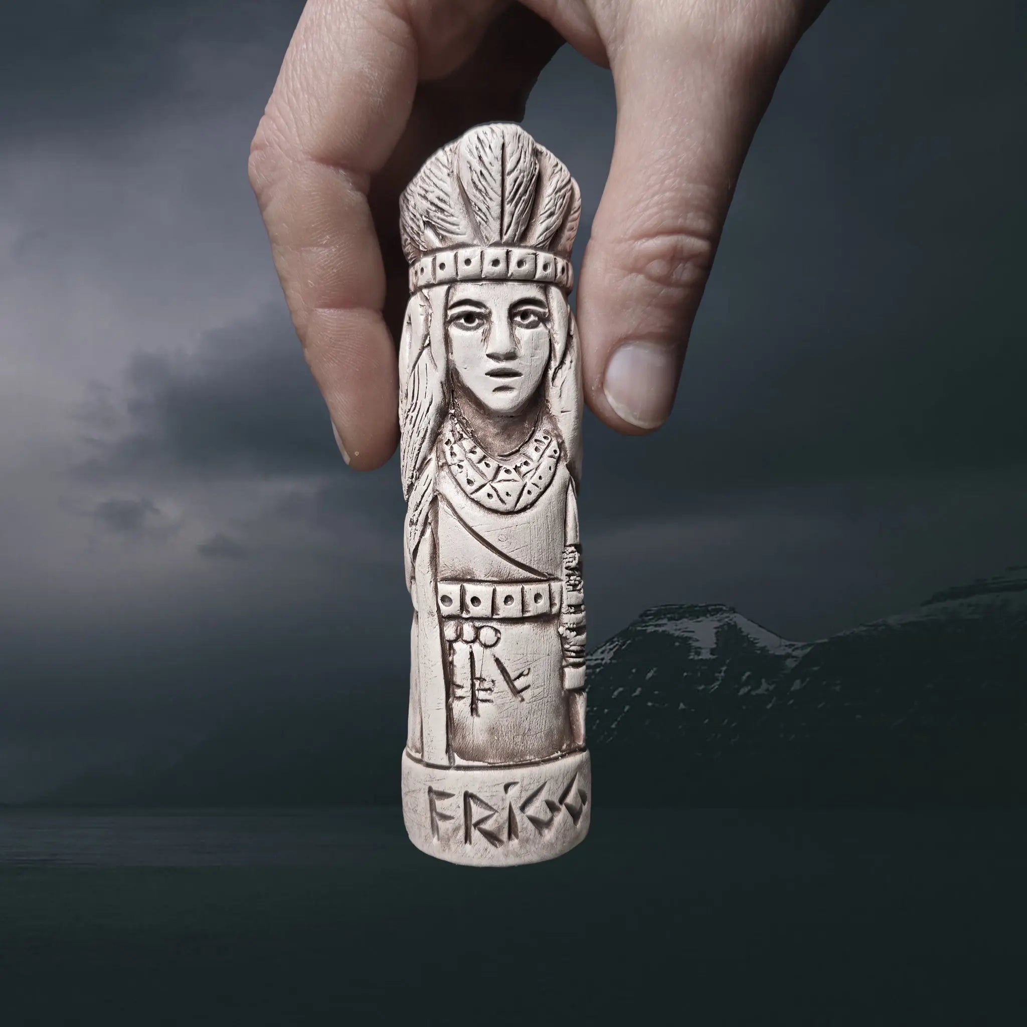 Statuette of the Norse Goddess Frigg in Hand-Crafted Clay with Hand for Scale