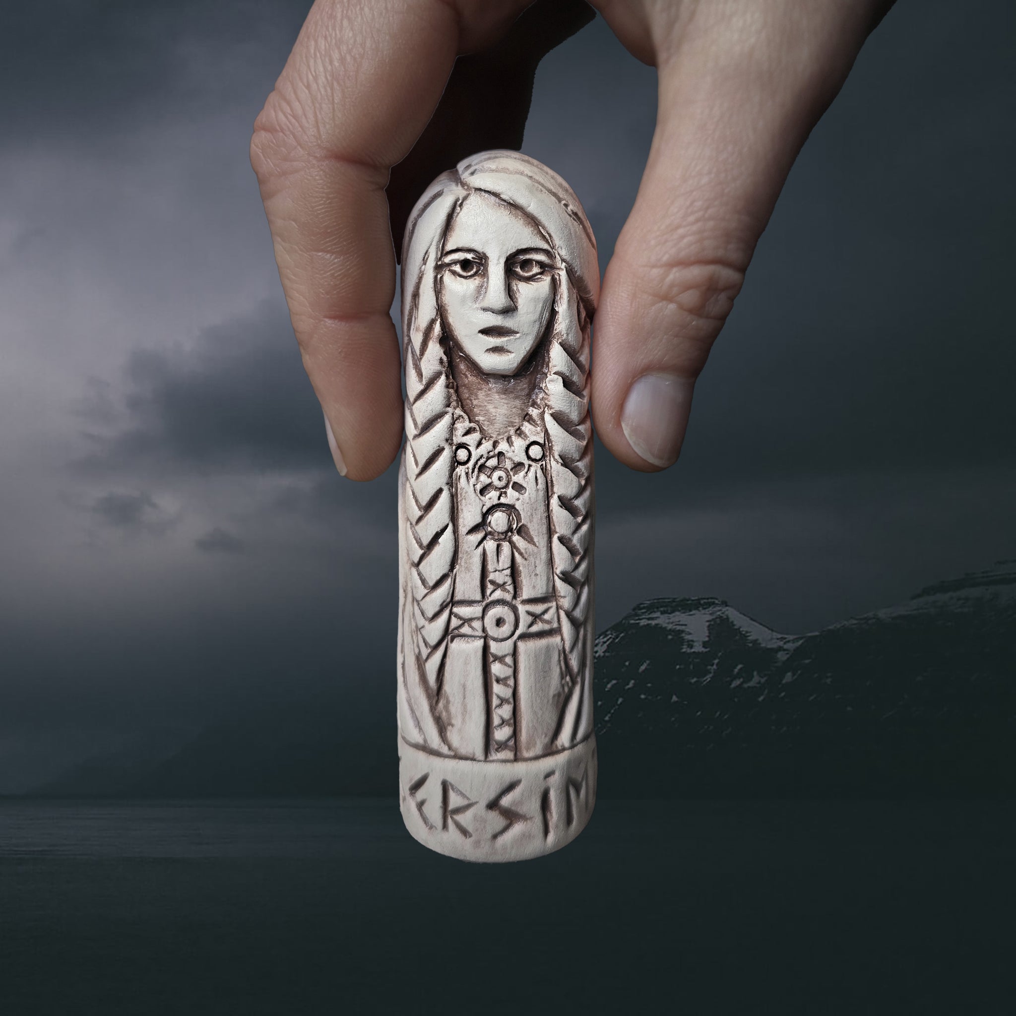 Statuette of the Norse Goddess Gersimi (Gersemi) in Hand-Crafted Clay with Hand for Scale