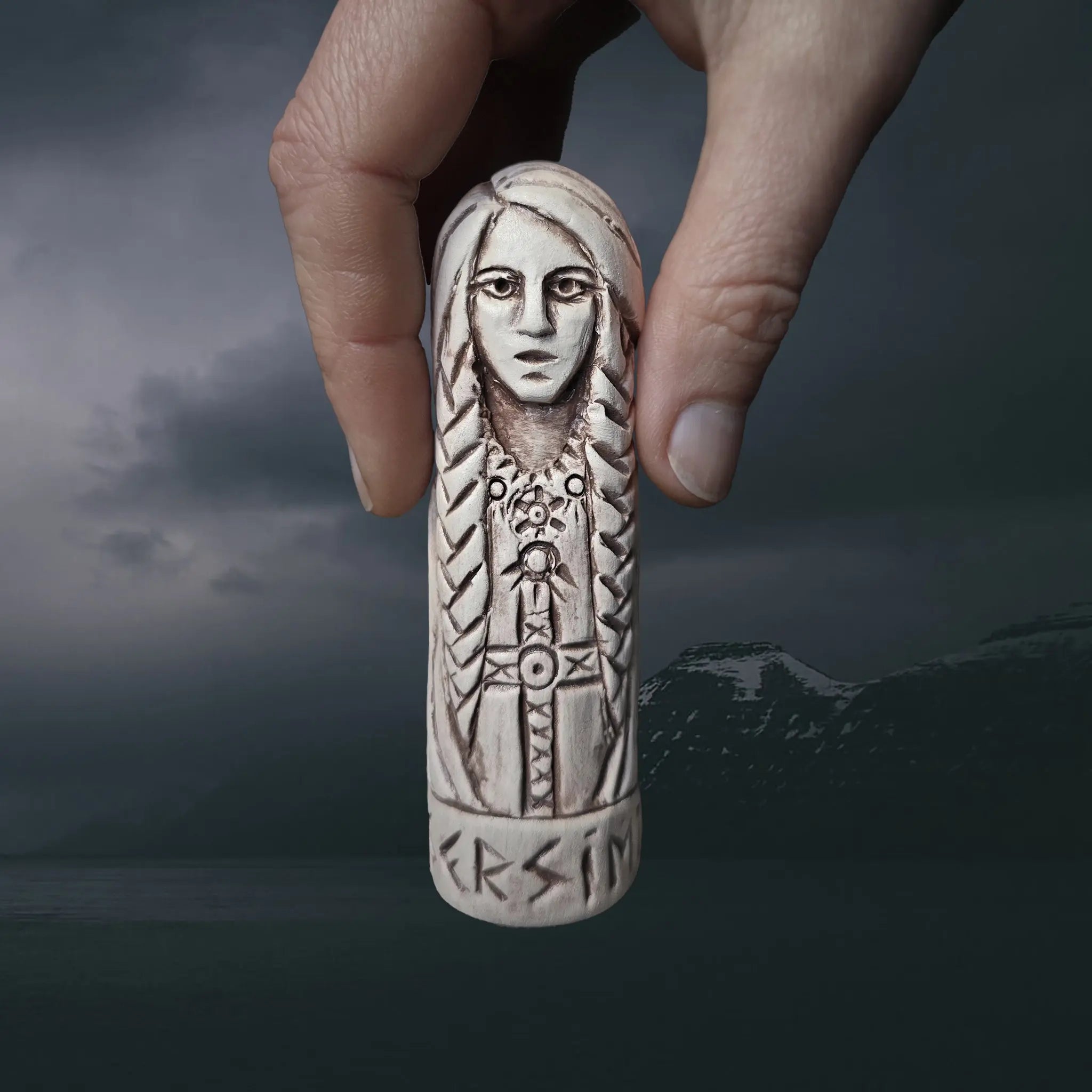 Statuette of the Norse Goddess Gersimi (Gersemi) in Hand-Crafted Clay with Hand for Scale