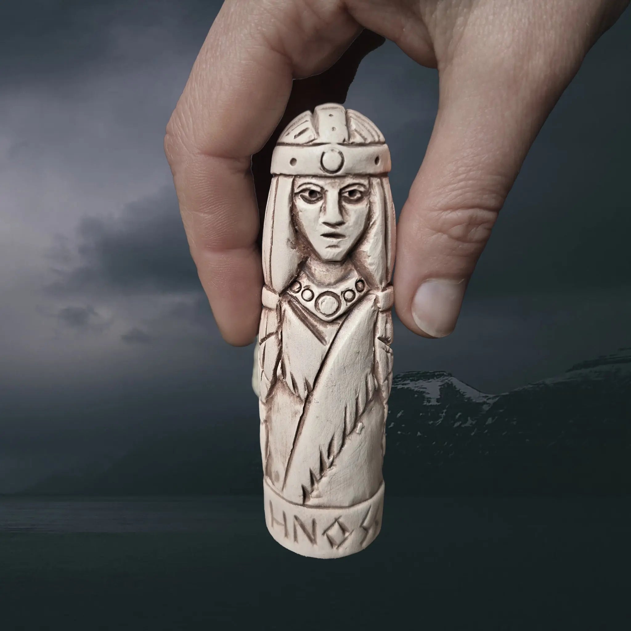 Statuette of the Norse Goddess Hnoss in Hand-Crafted Clay with Hand for Scale